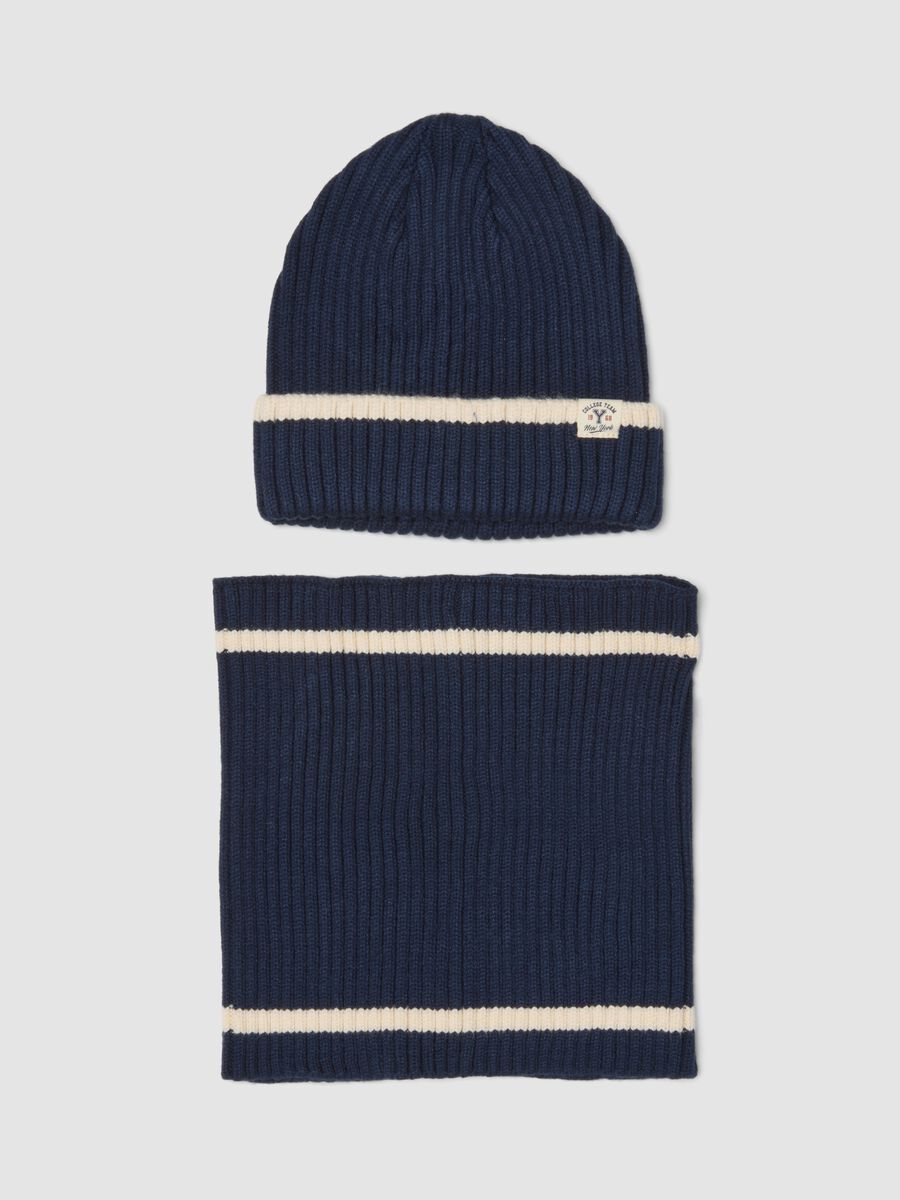 Blue viscose-blend hat and neck warmer set_0