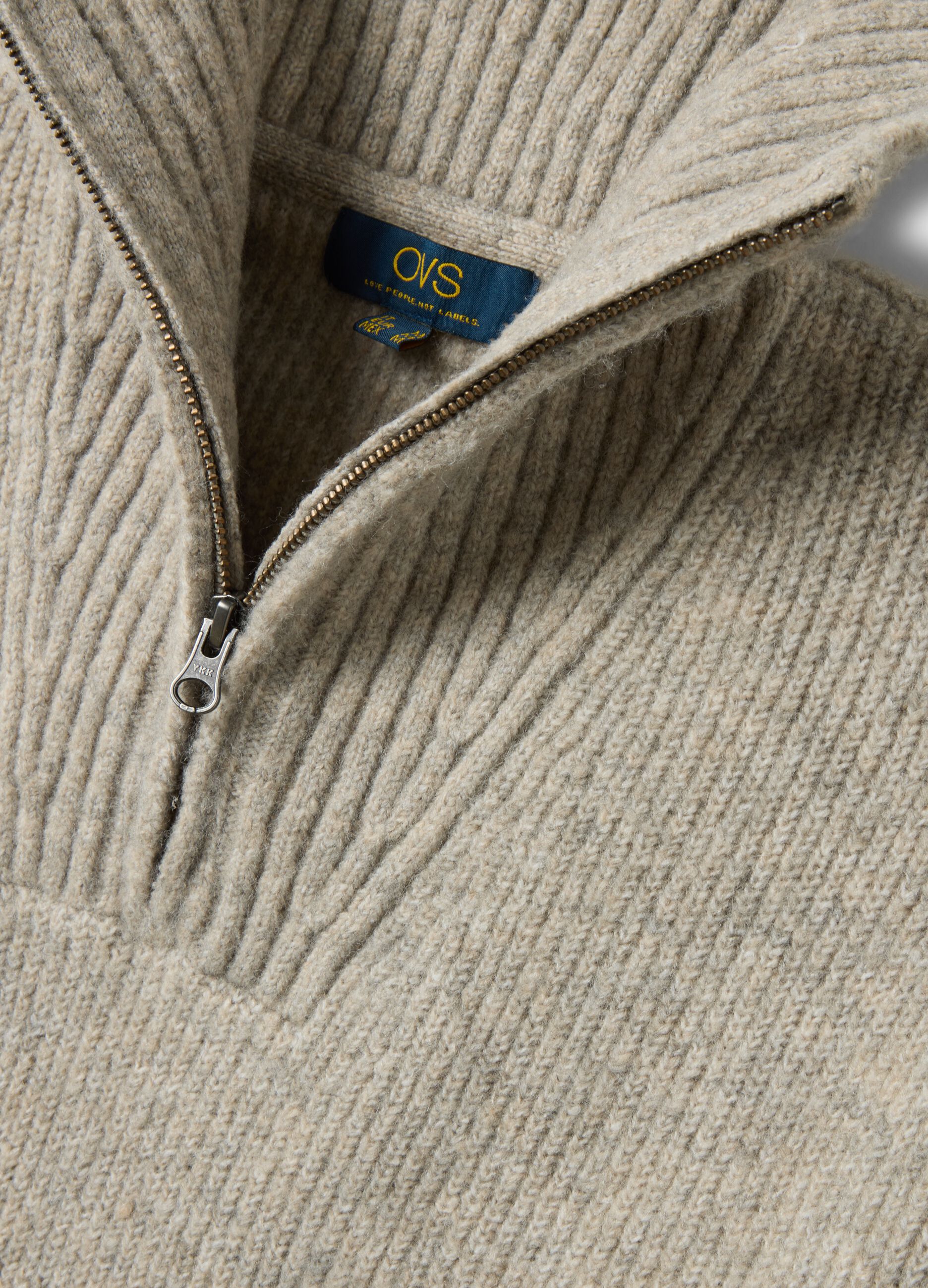 Beige regular-fit stretch wool half-zip jumper