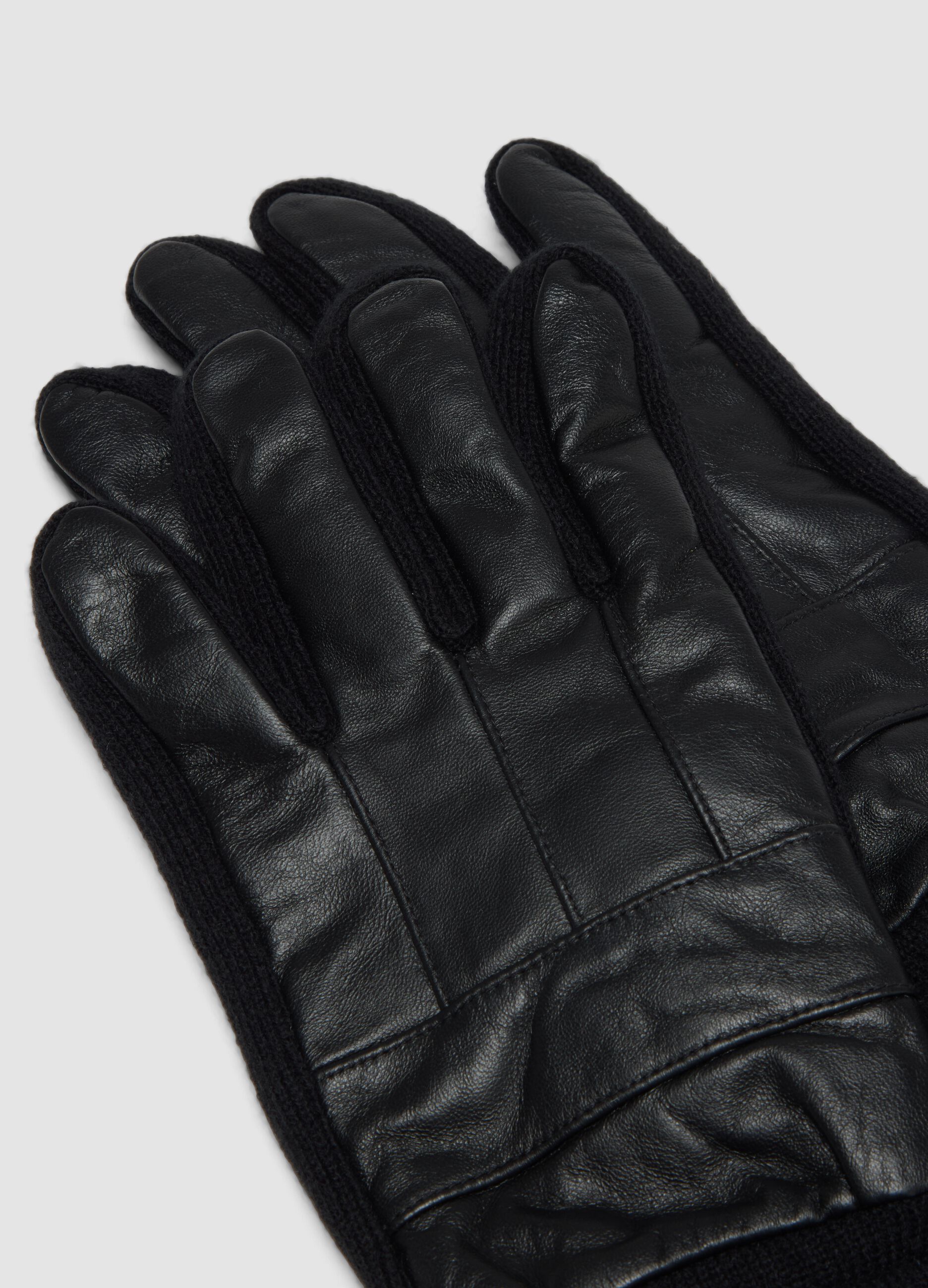 Black genuine lambskin gloves with knitted cuffs