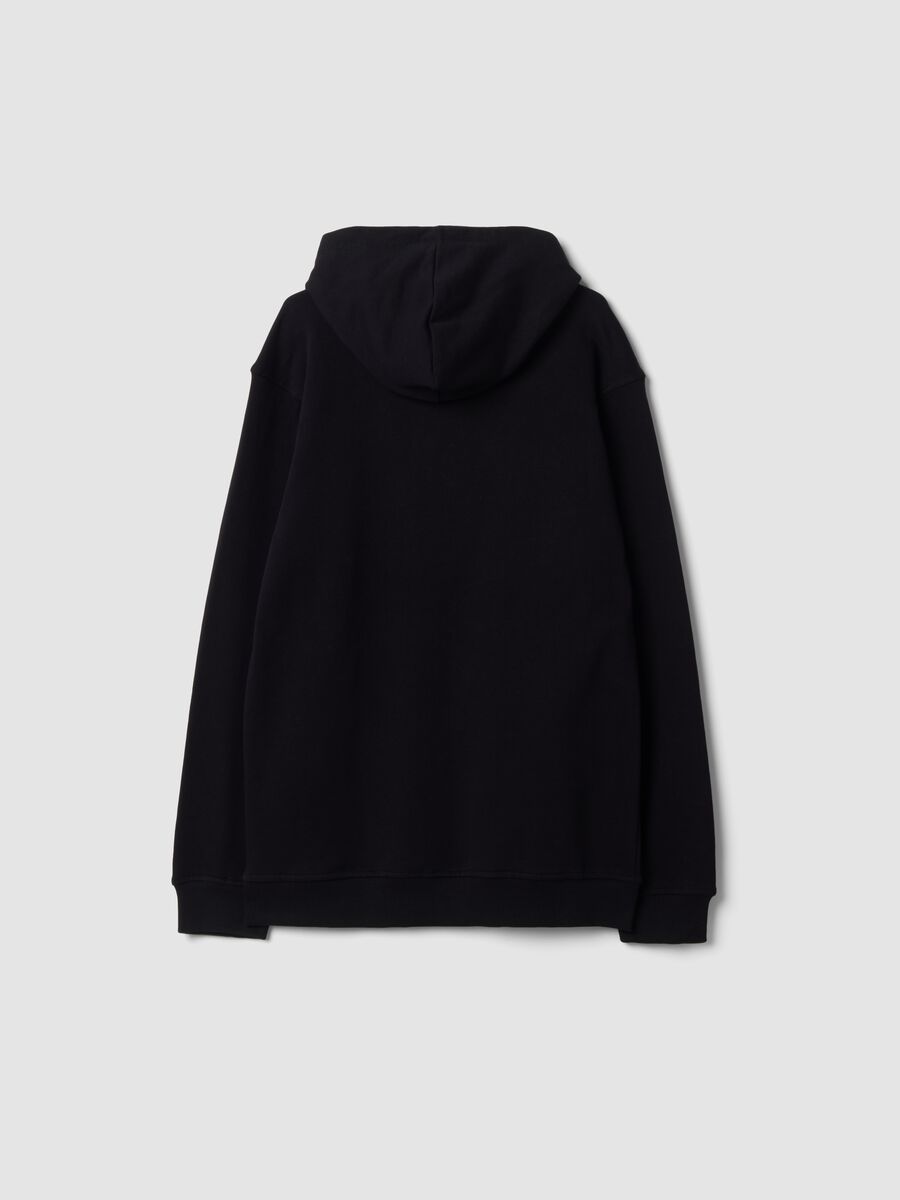 Black organic cotton hoodie with racing prints, relaxed fit_1