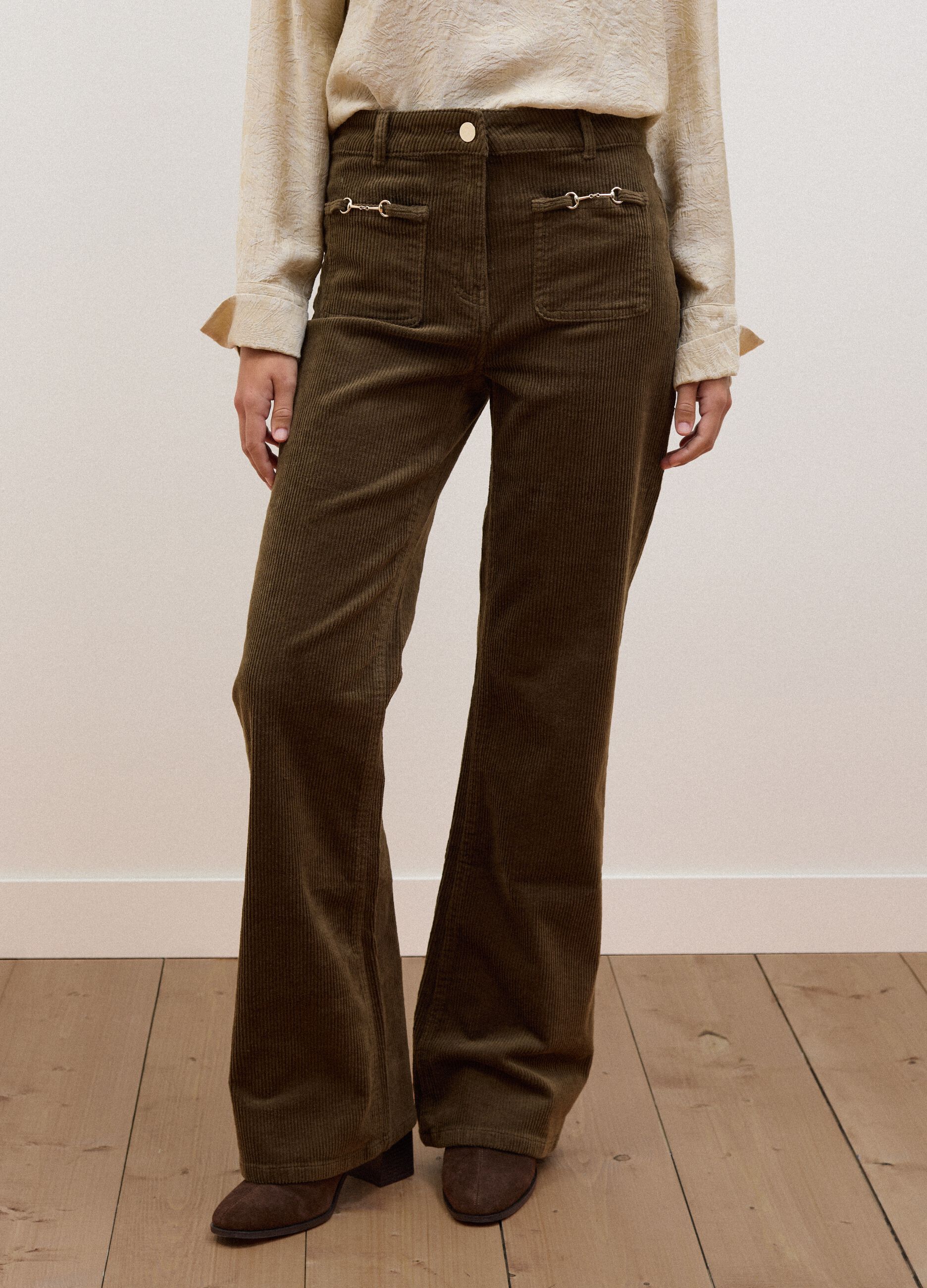 Green flared ribbed stretch-cotton trousers