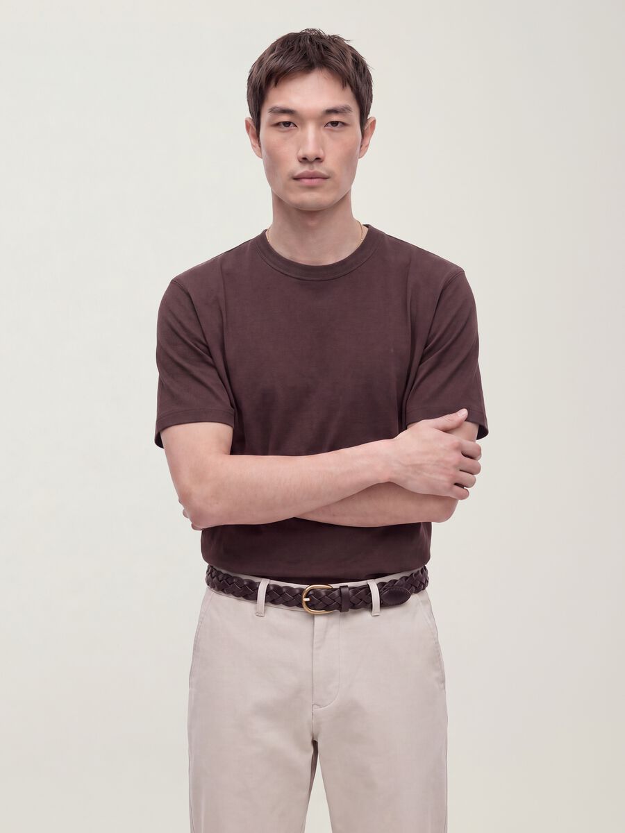 Brown pure cotton crew-neck T-shirt, relaxed fit_0