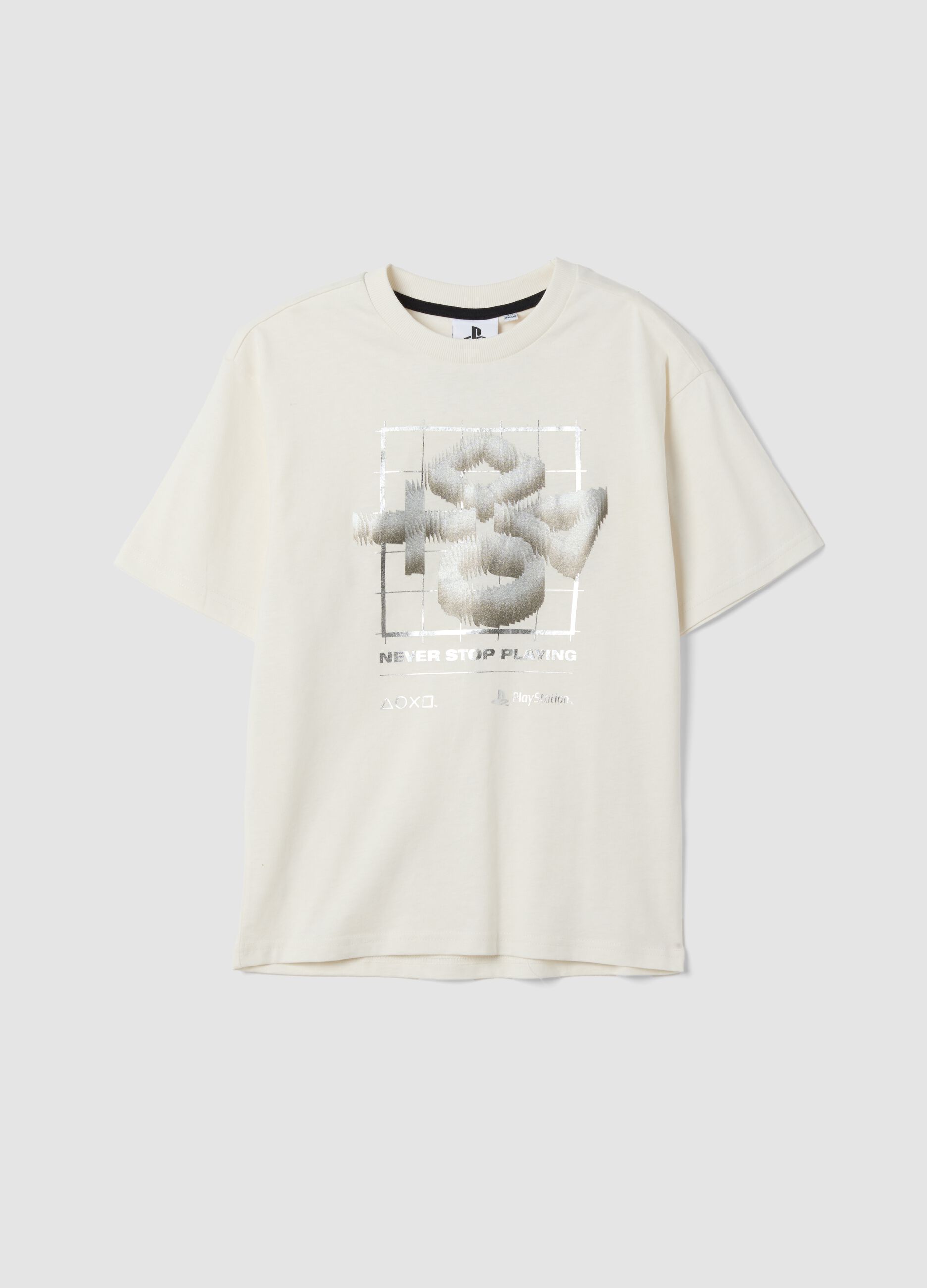 White pure cotton crew-neck T-shirt with PlayStation print