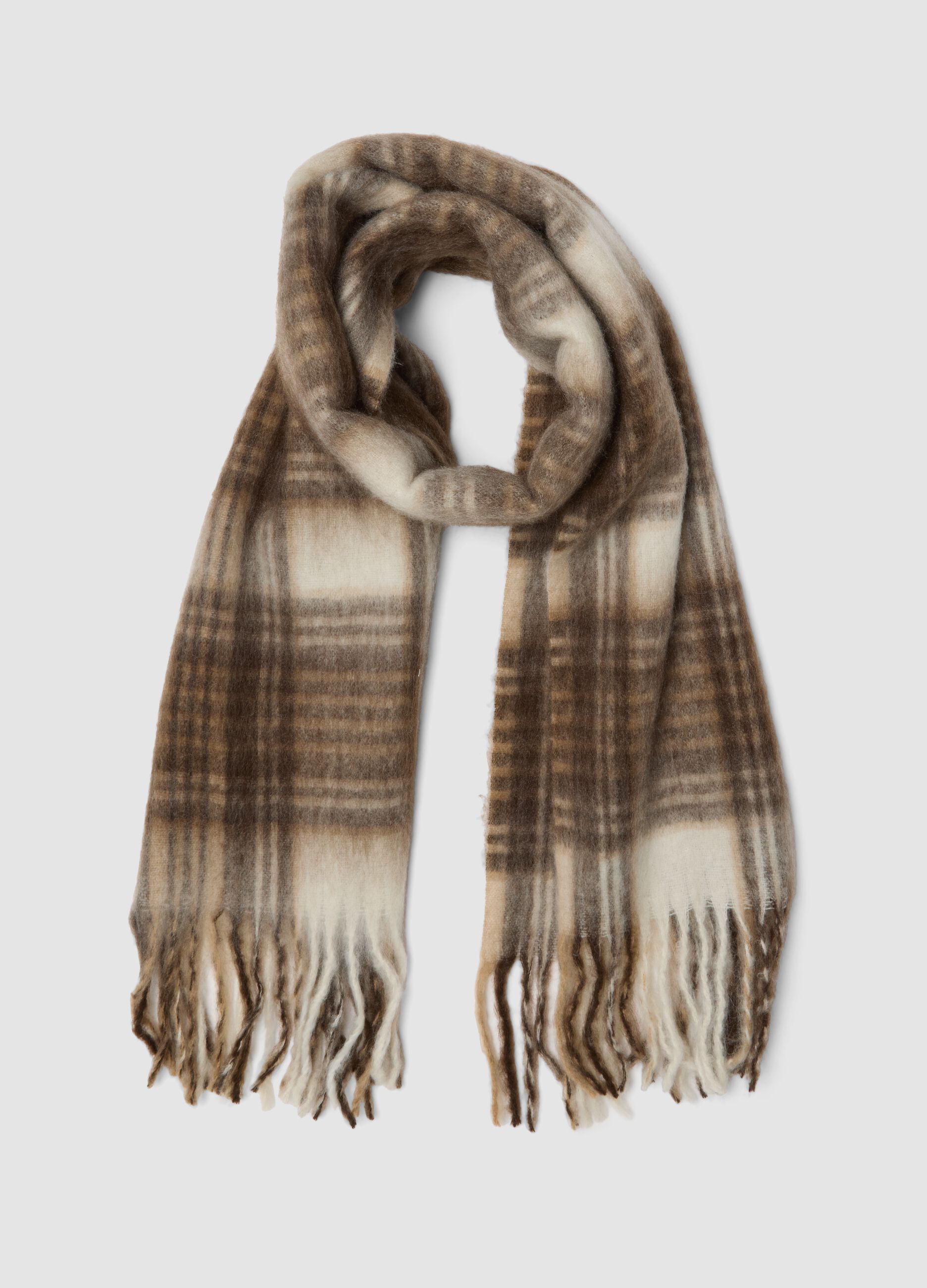 Beige checked scarf with fringes