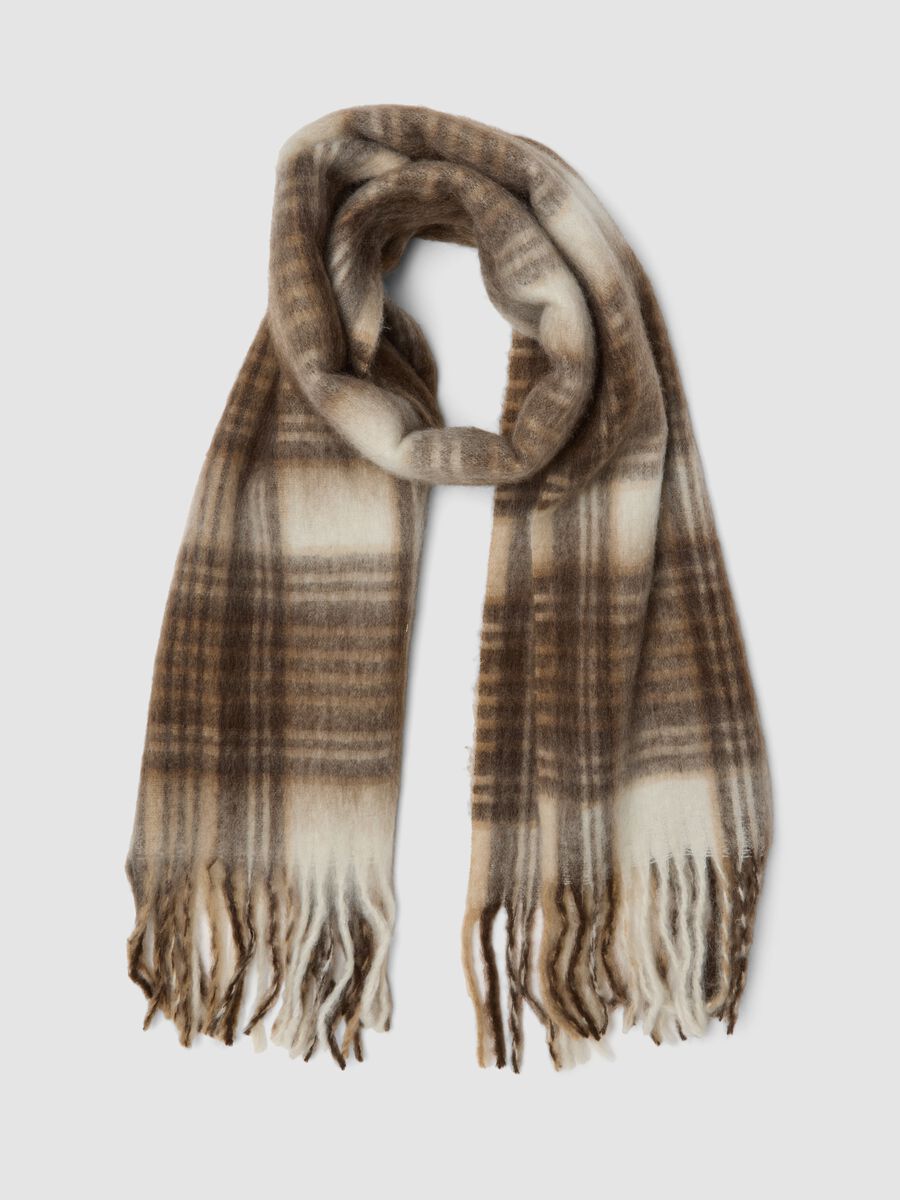 Beige checked scarf with fringes_0