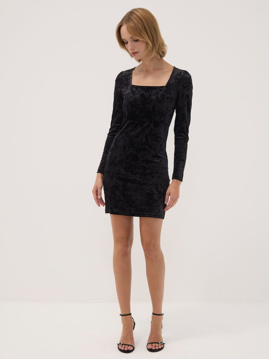 Black fitted stretch dress with square neckline_0
