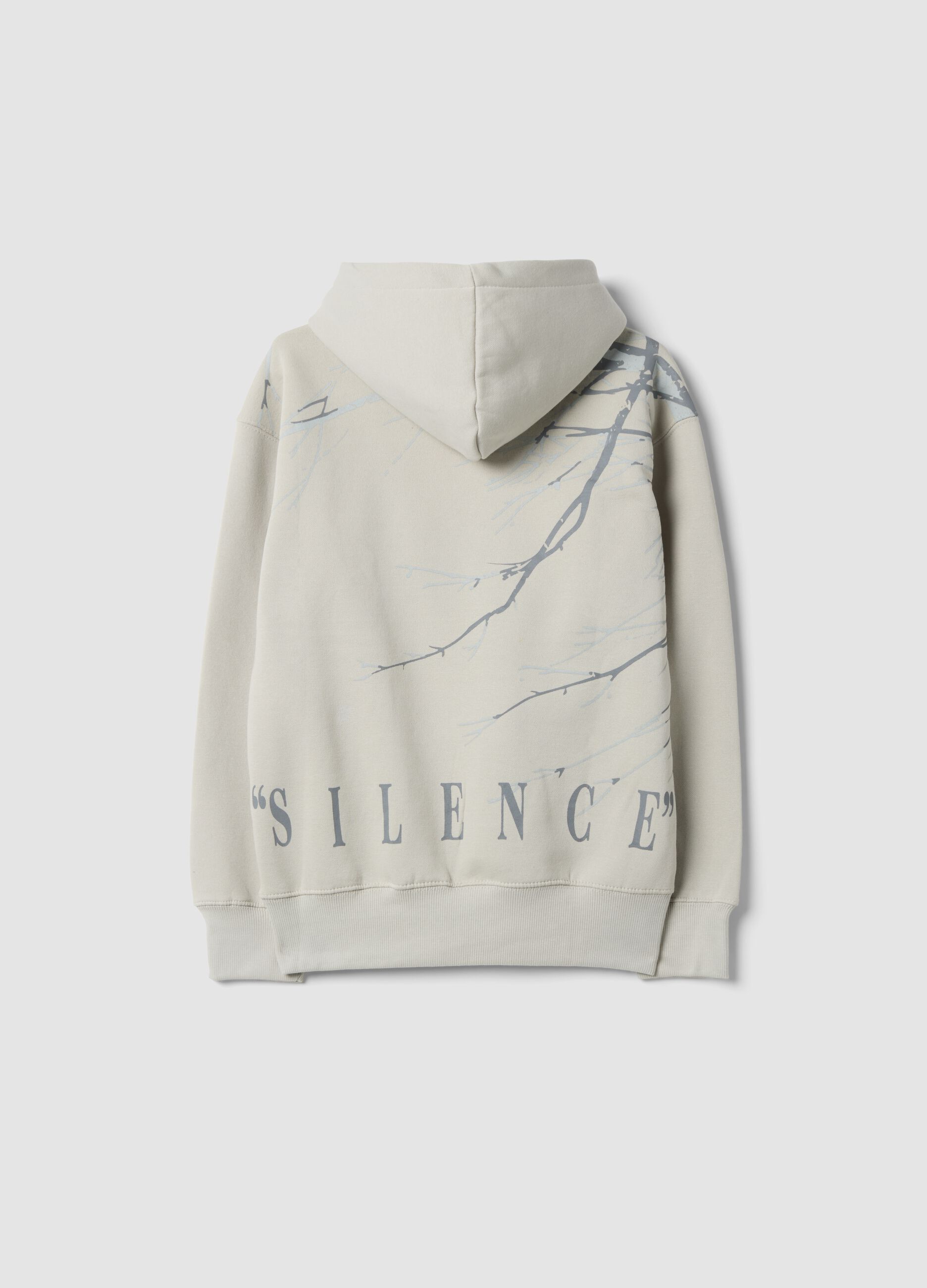 Light grey cotton-blend hoodie with botanical print