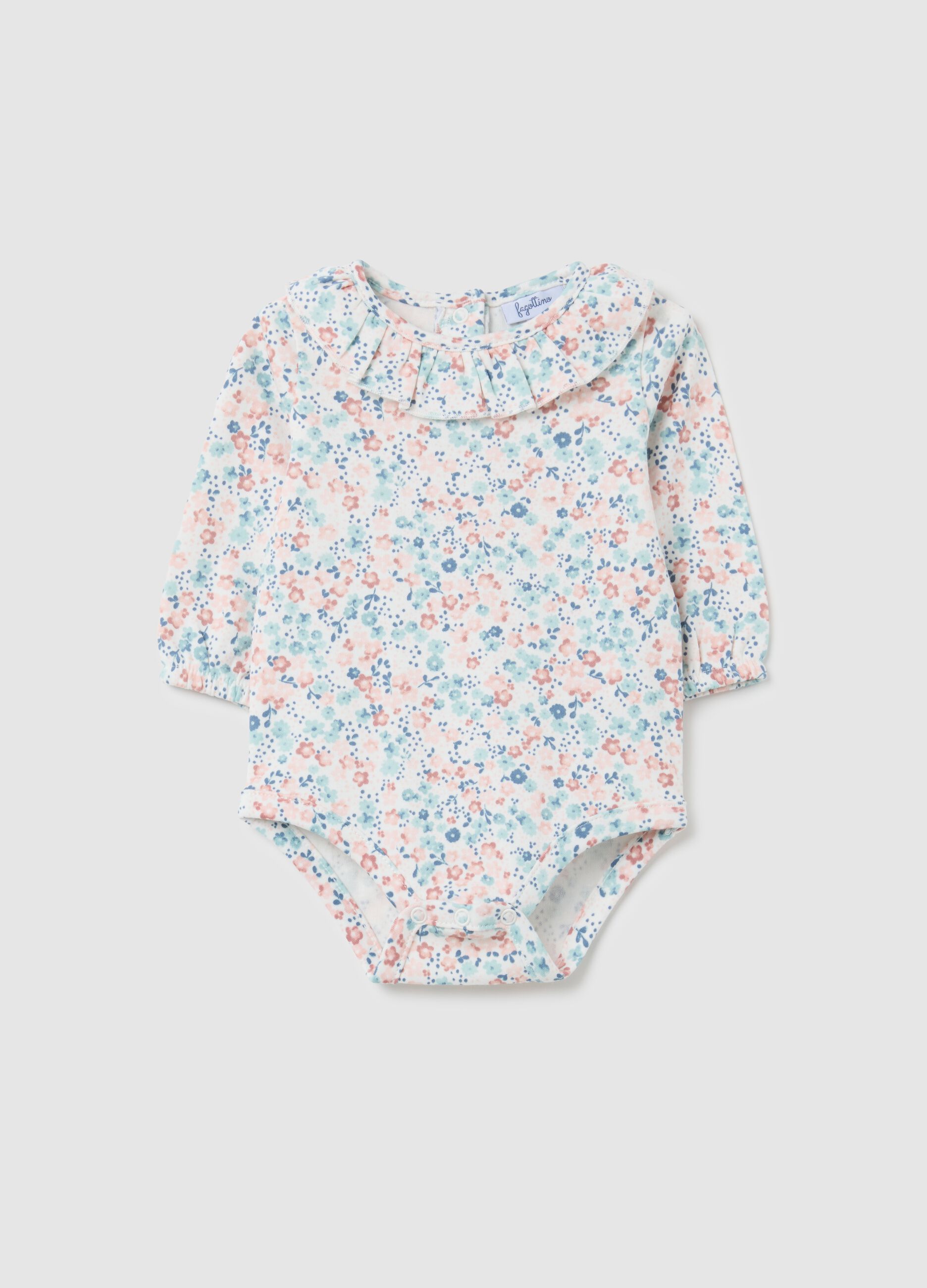 Baby girl's bodysuit in multicolour pure cotton with ruffle collar