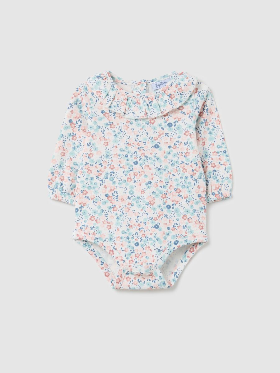 Baby girl's bodysuit in multicolour pure cotton with ruffle collar_0