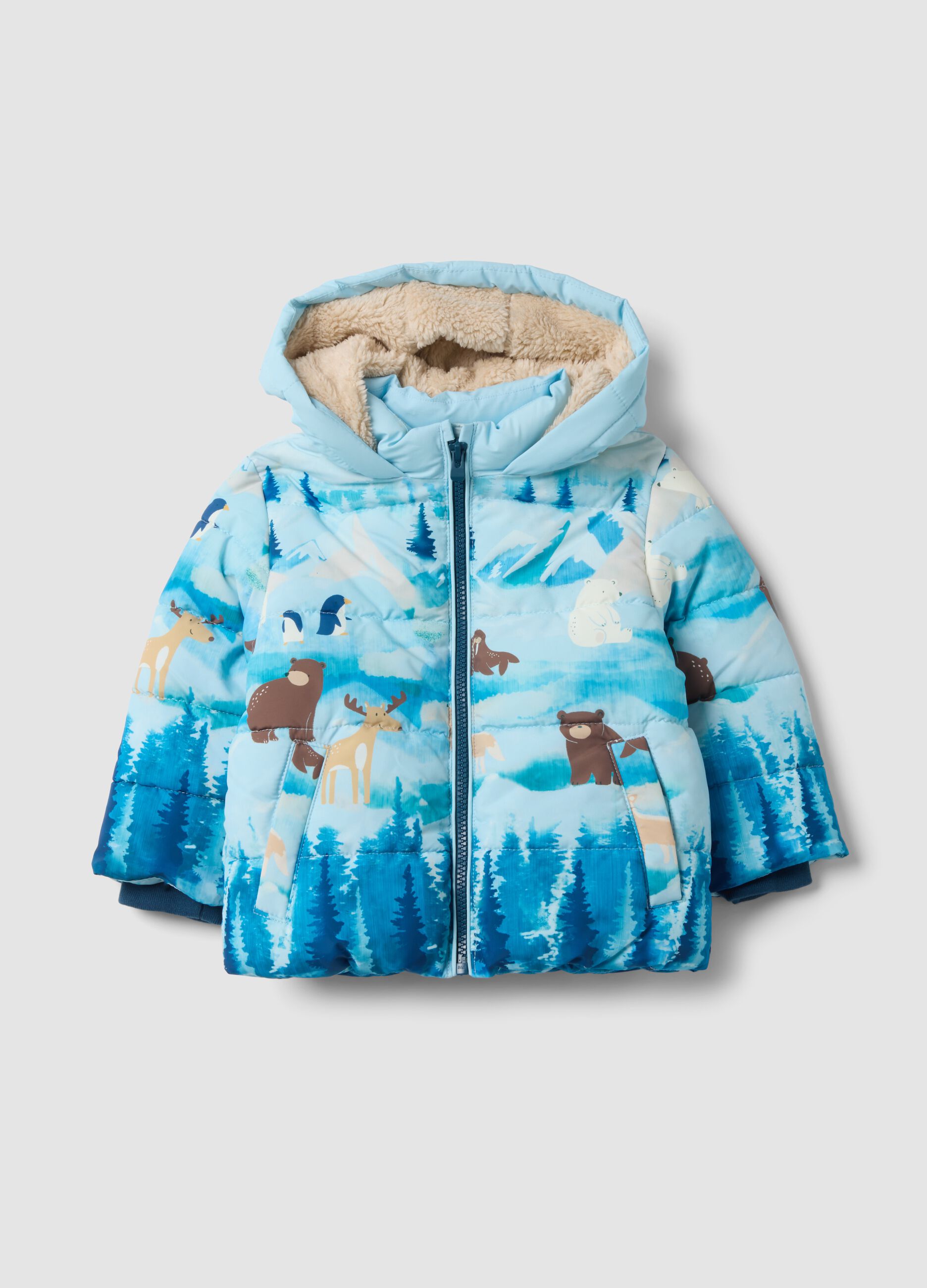 Blue padded hooded jacket with animal print, regular fit