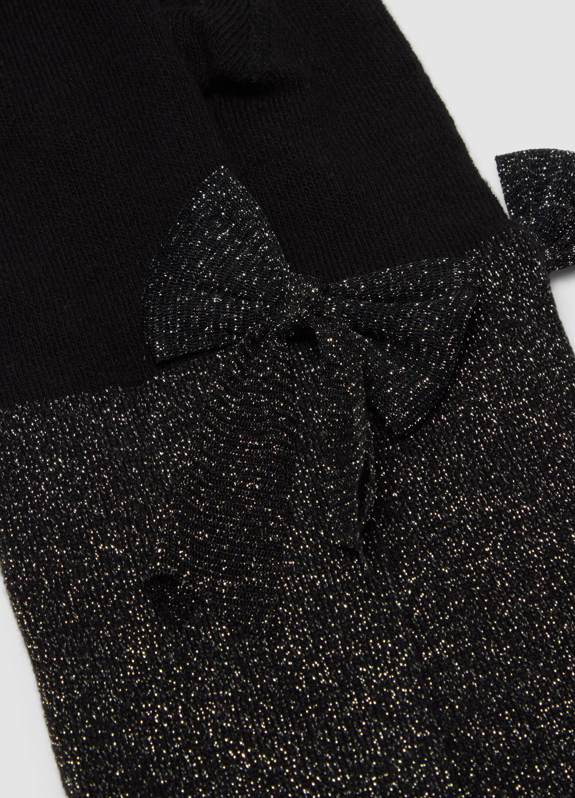 Collant nero in cotone organico elasticizzato con fiocco e brillantini