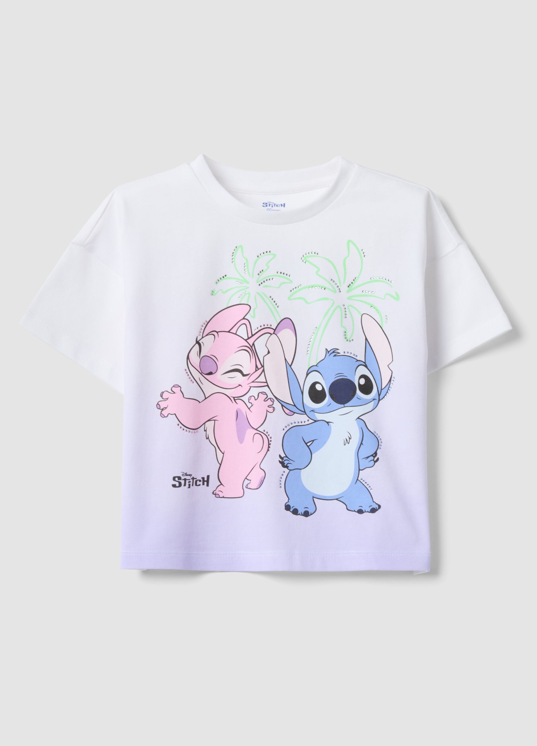 Girls' white stretch cotton t-shirt with Stitch print