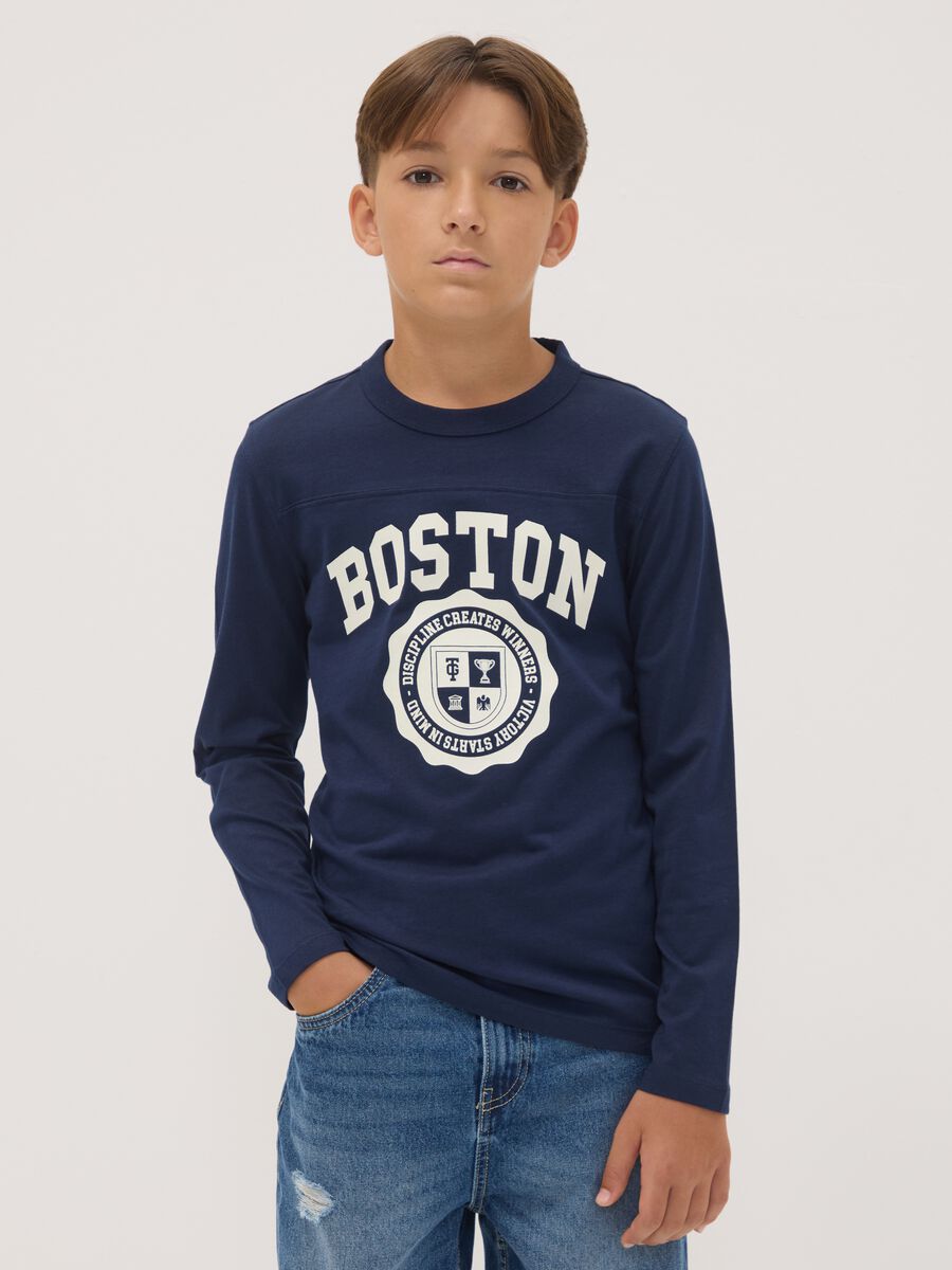 Blue organic cotton T-shirt with college print_1