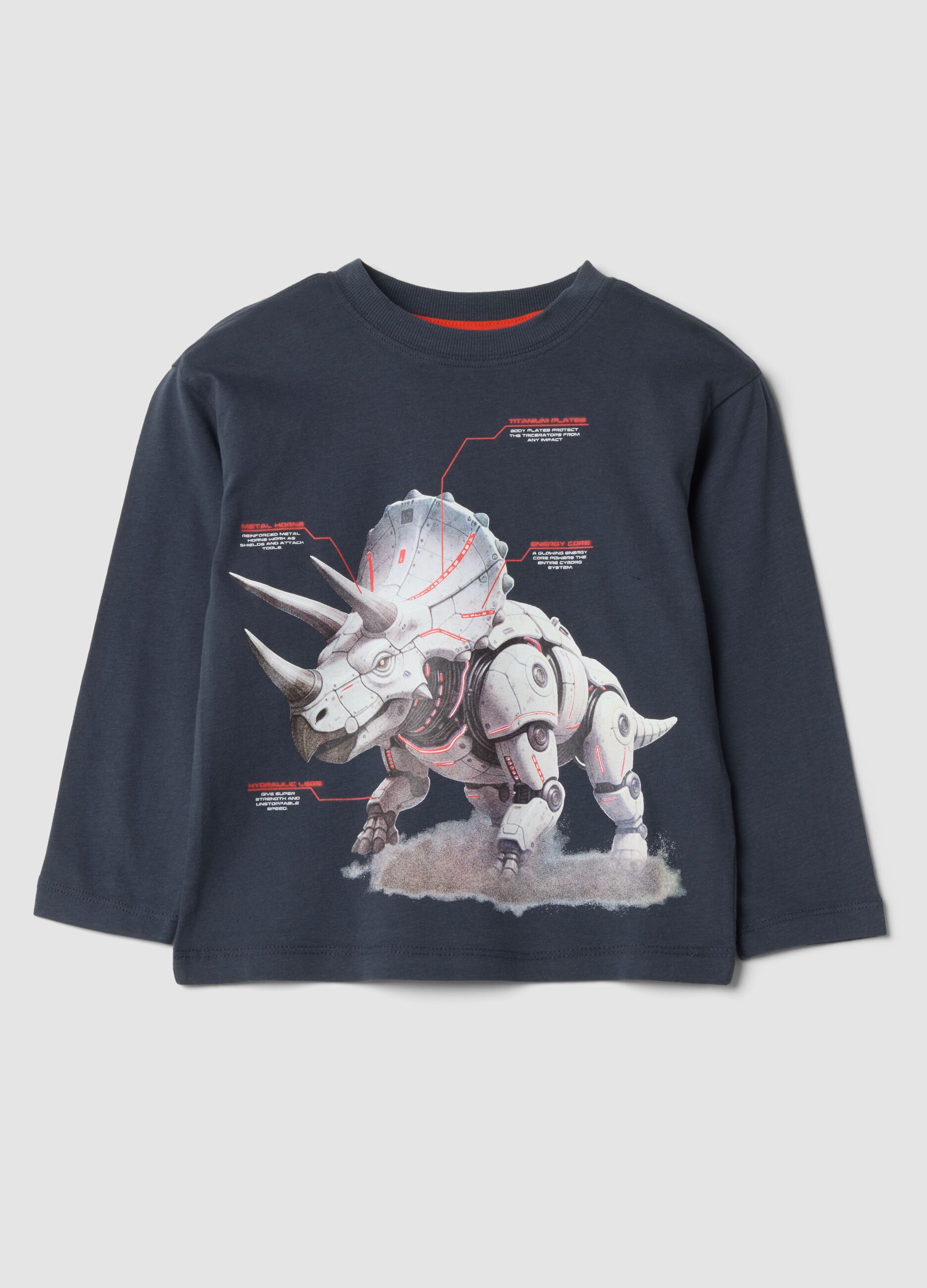 T-shirt grigia girocollo in puro cotone organico con stampa dinosauro