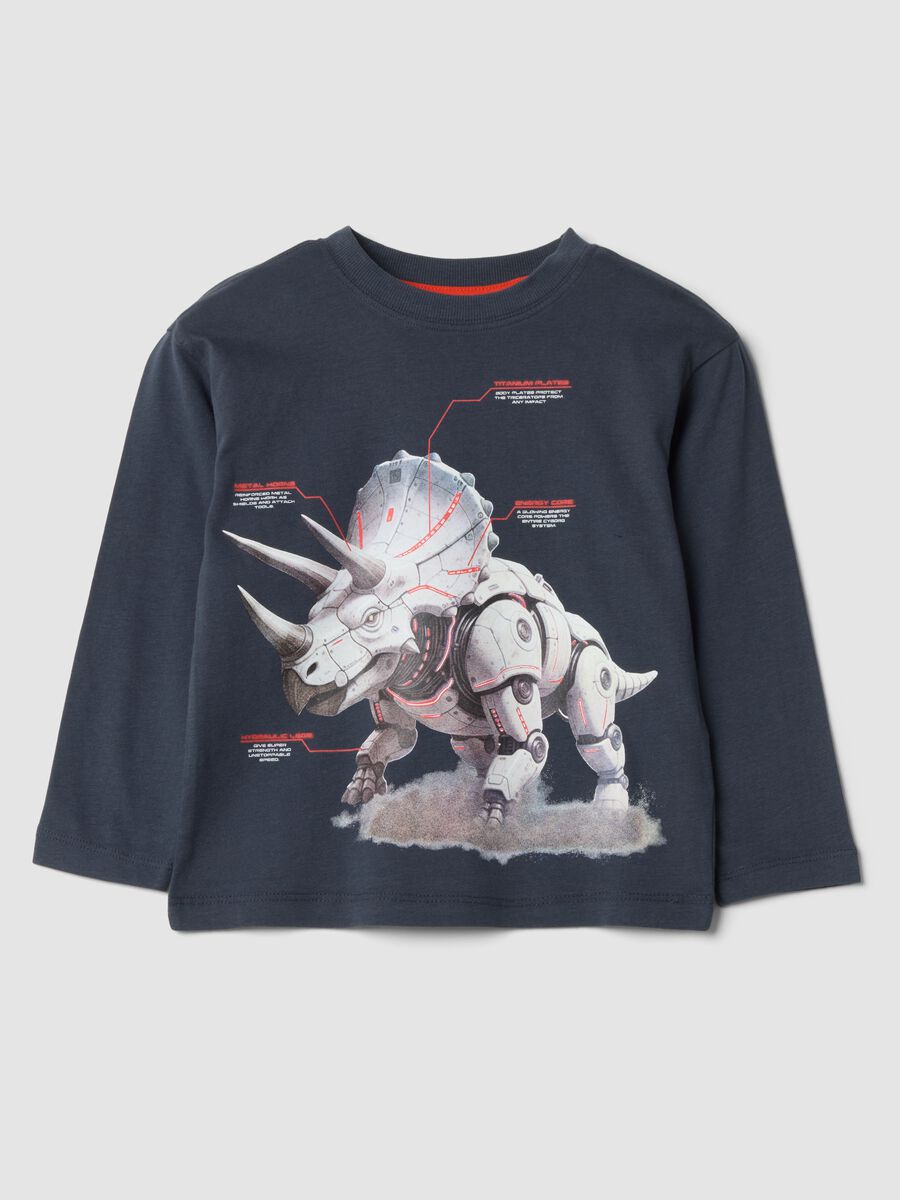 Grey crew-neck T-shirt in 100% organic cotton with dinosaur print_0