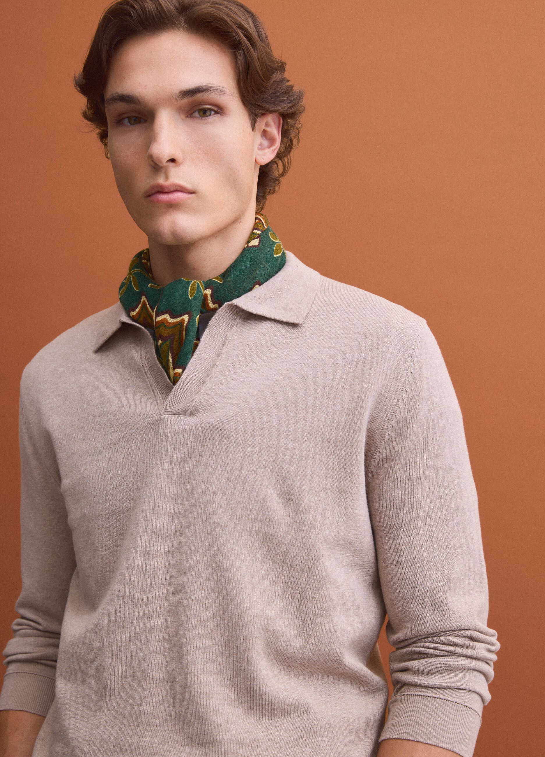 Beige long-sleeve pure cotton polo shirt