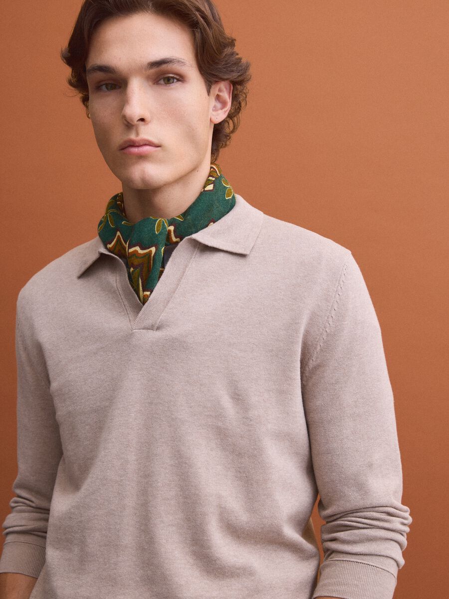 Beige long-sleeve pure cotton polo shirt_0