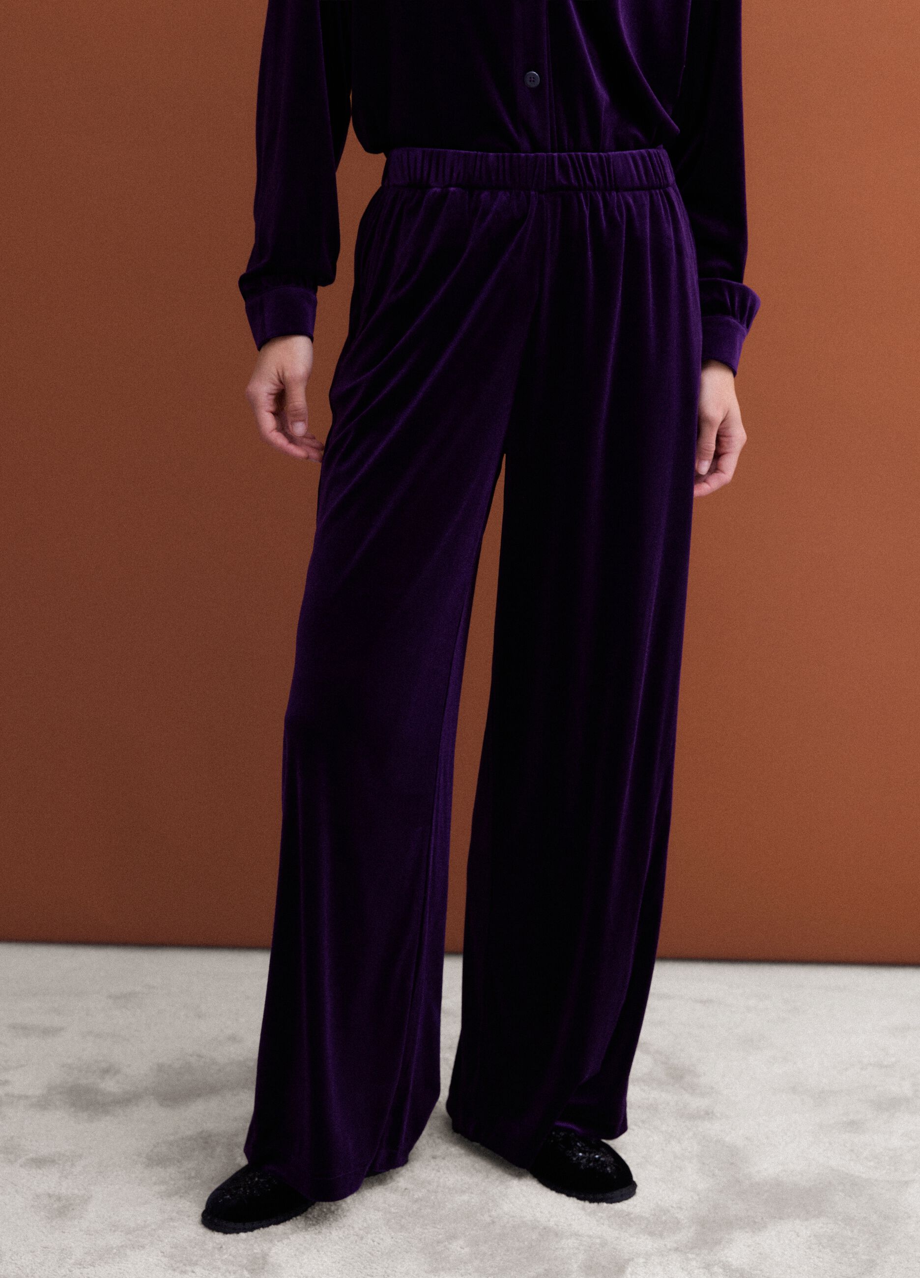 Purple wide-leg trousers in stretch velvet-effect fabric