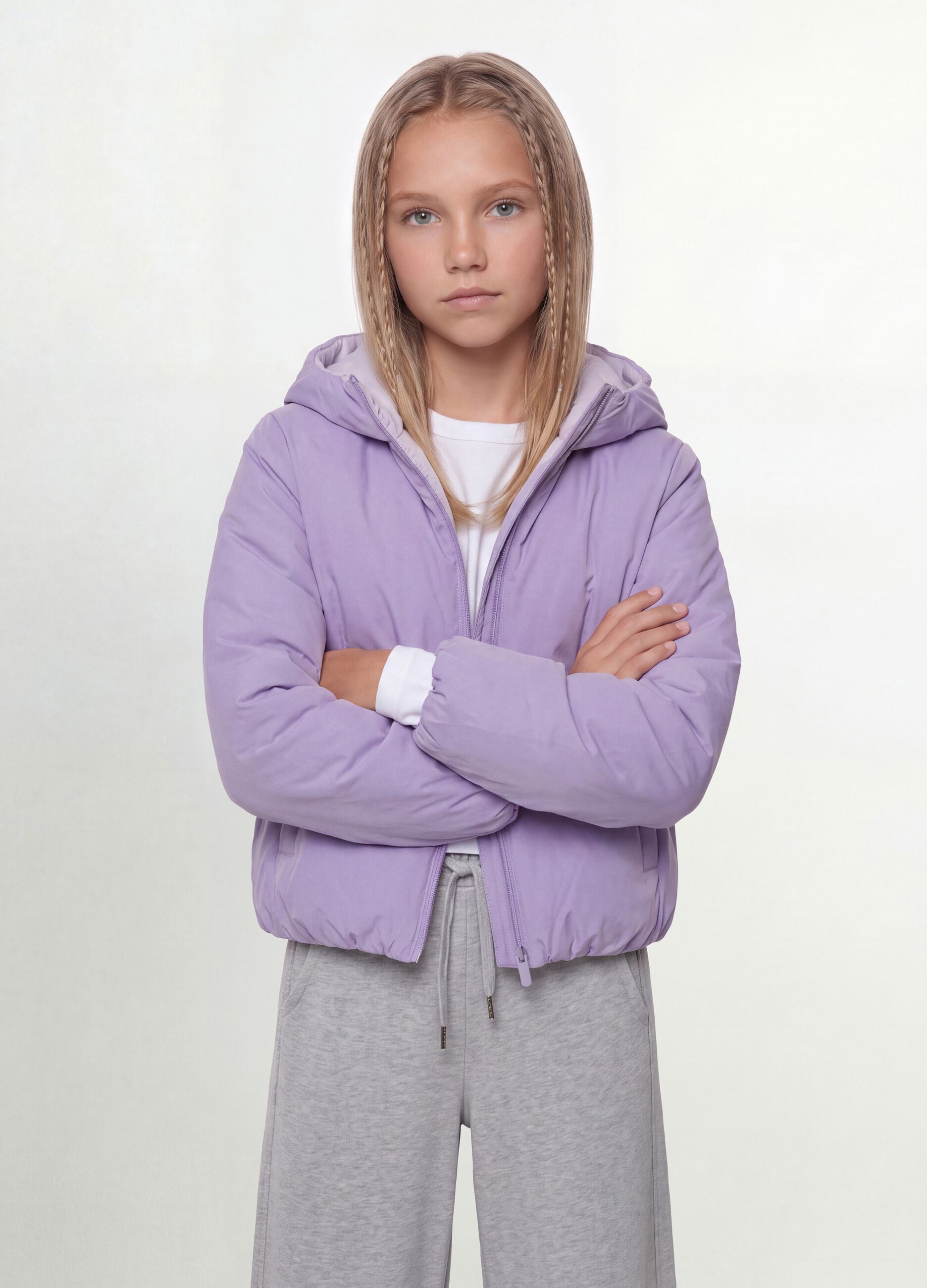 Purple reversible ultralight hooded jacket with zip for girls