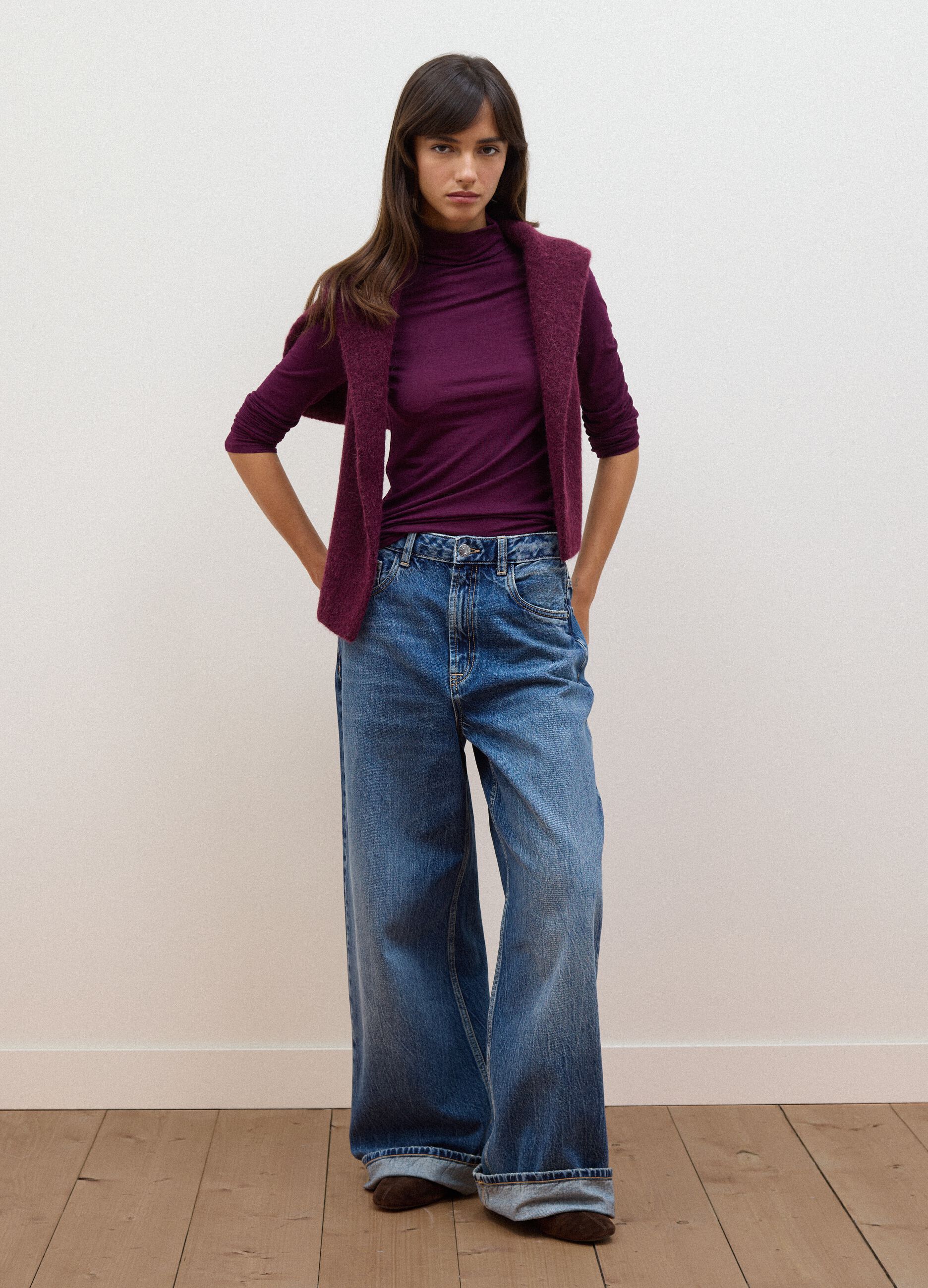 Purple modal and stretch cashmere T-shirt, regular fit
