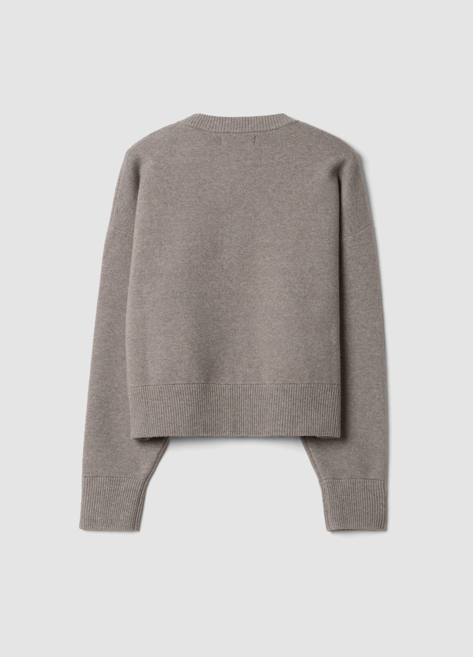 Grey stretch wool crew-neck cardigan, regular fit