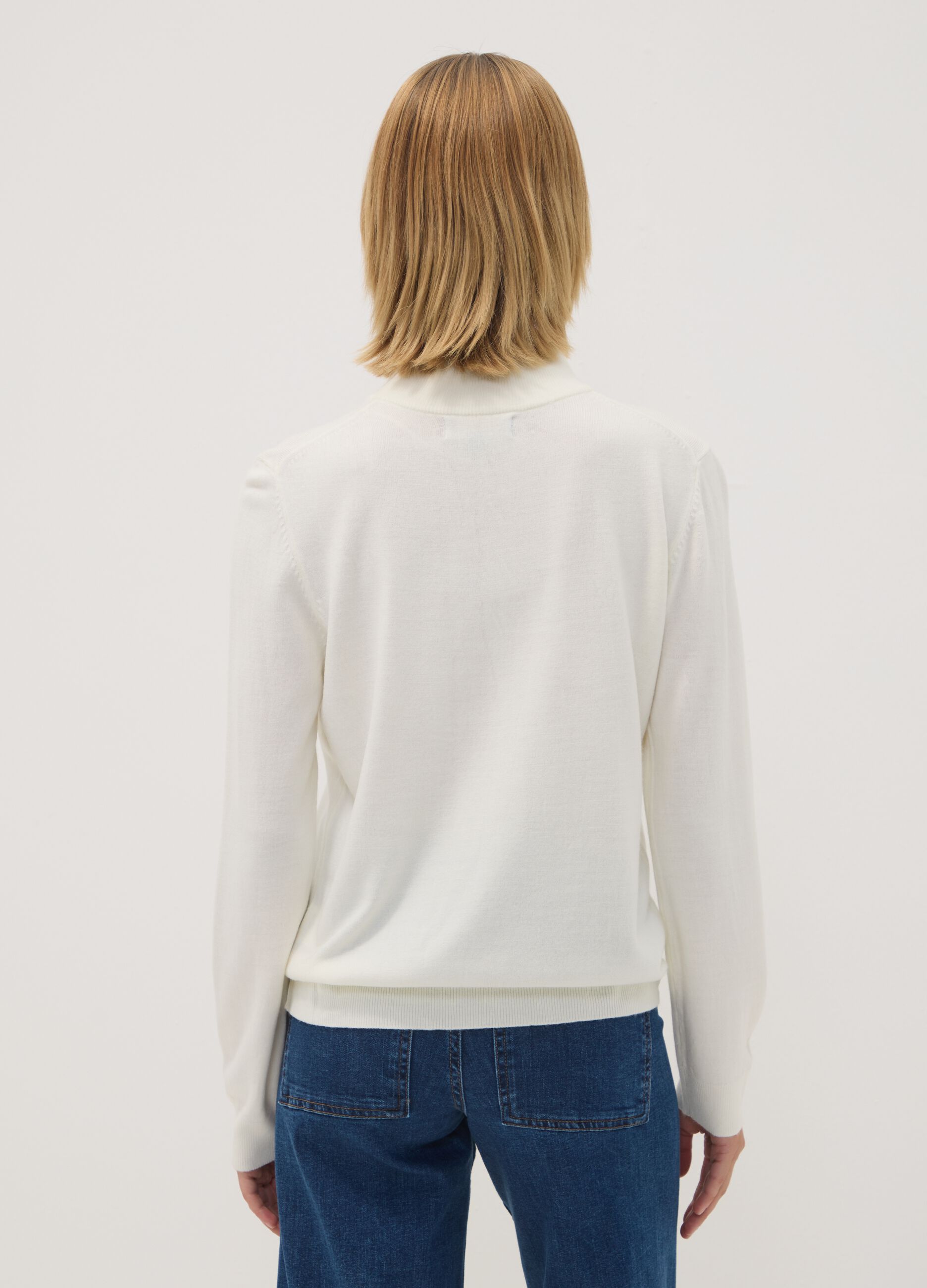White long-sleeved top with high neck, regular fit