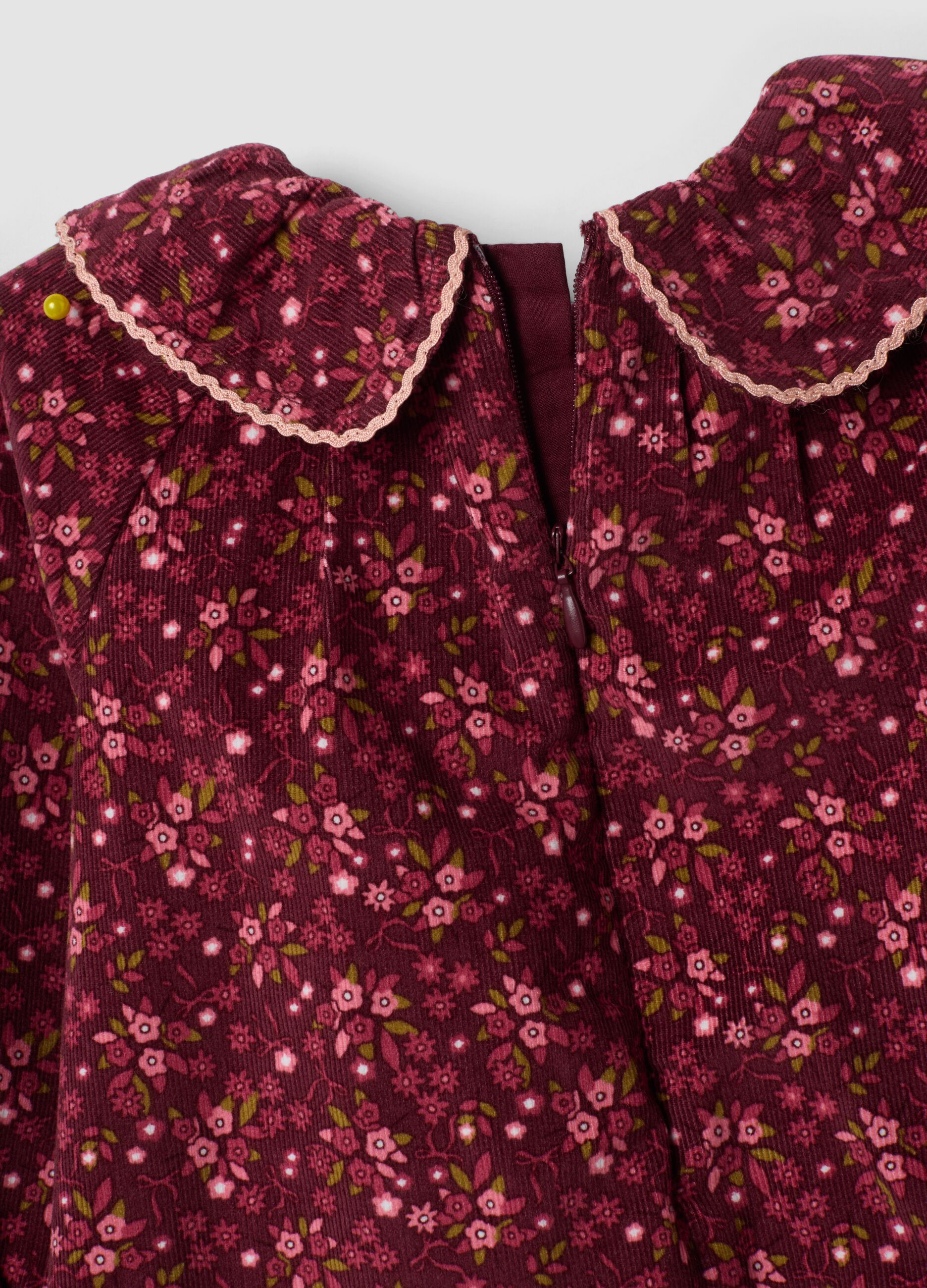 Burgundy red floral pure cotton crew-neck dress, regular fit