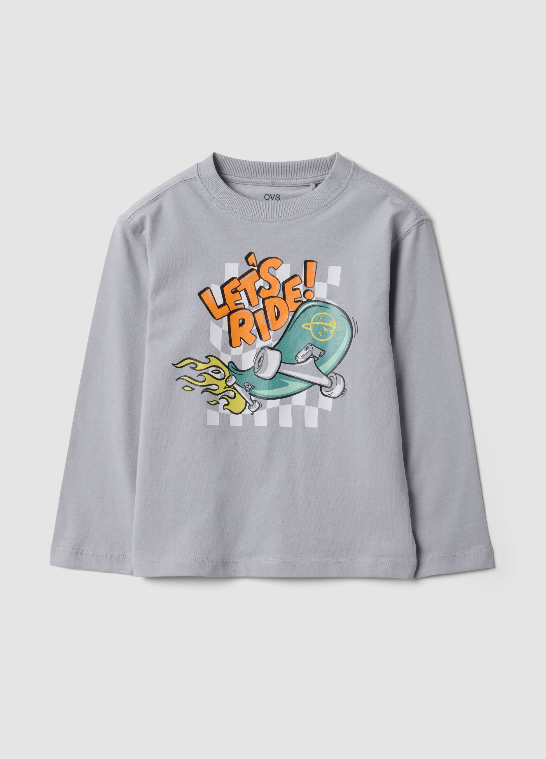 Grey pure cotton crew-neck T-shirt with skater print for boys