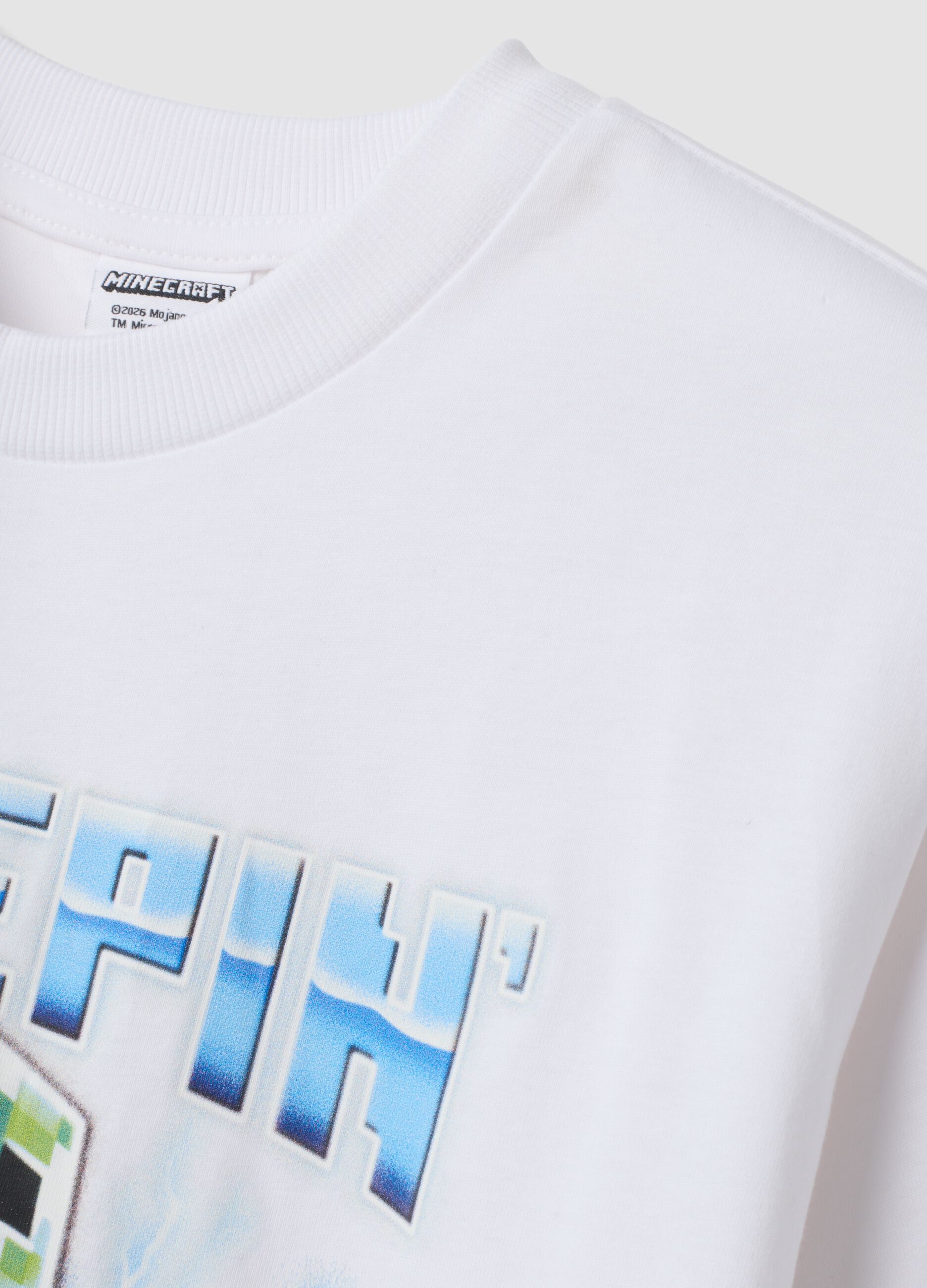 White pure cotton crew-neck T-shirt with Minecraft print