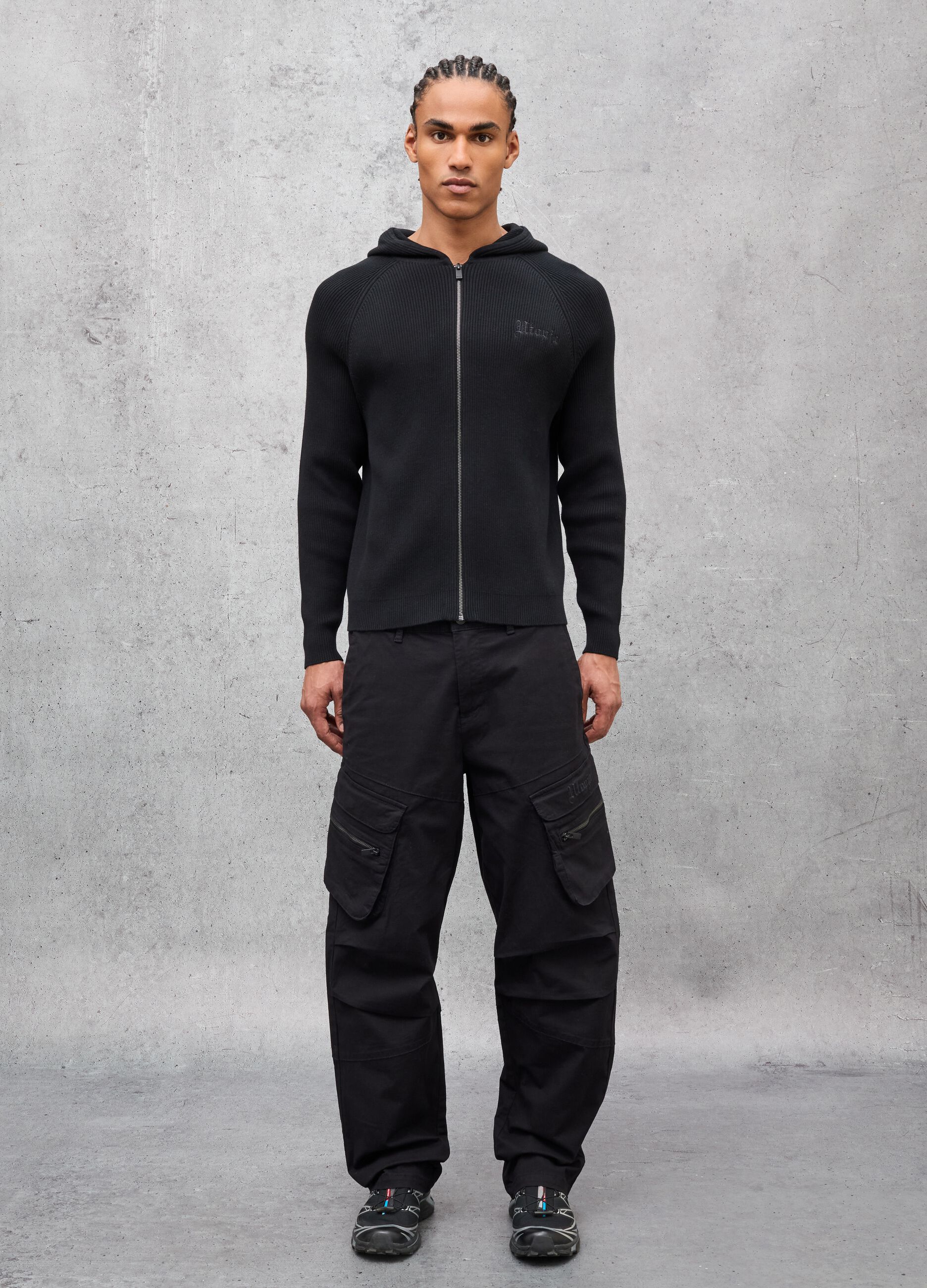 Black Ribbed Knit Hoodie