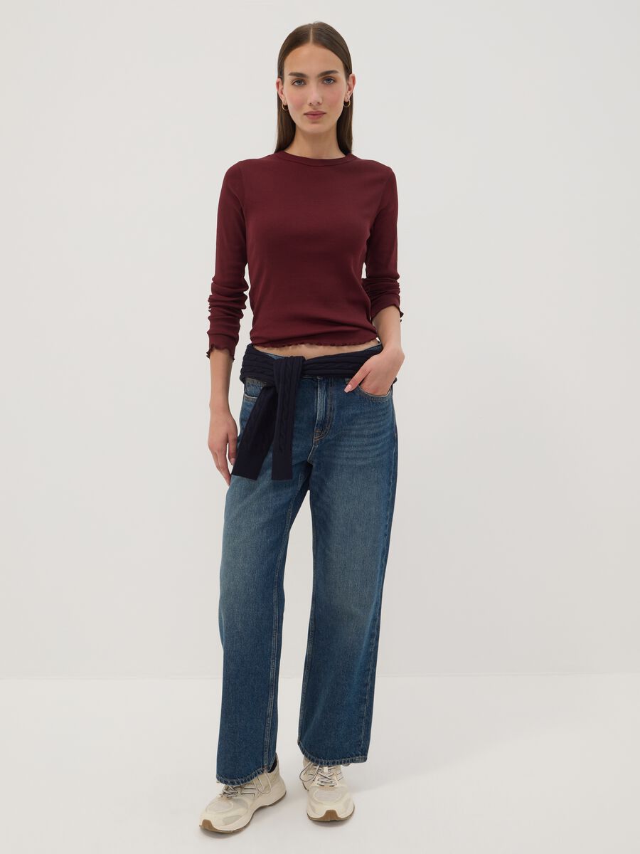 Burgundy pure cotton long-sleeve crew-neck T-shirt, regular fit_1