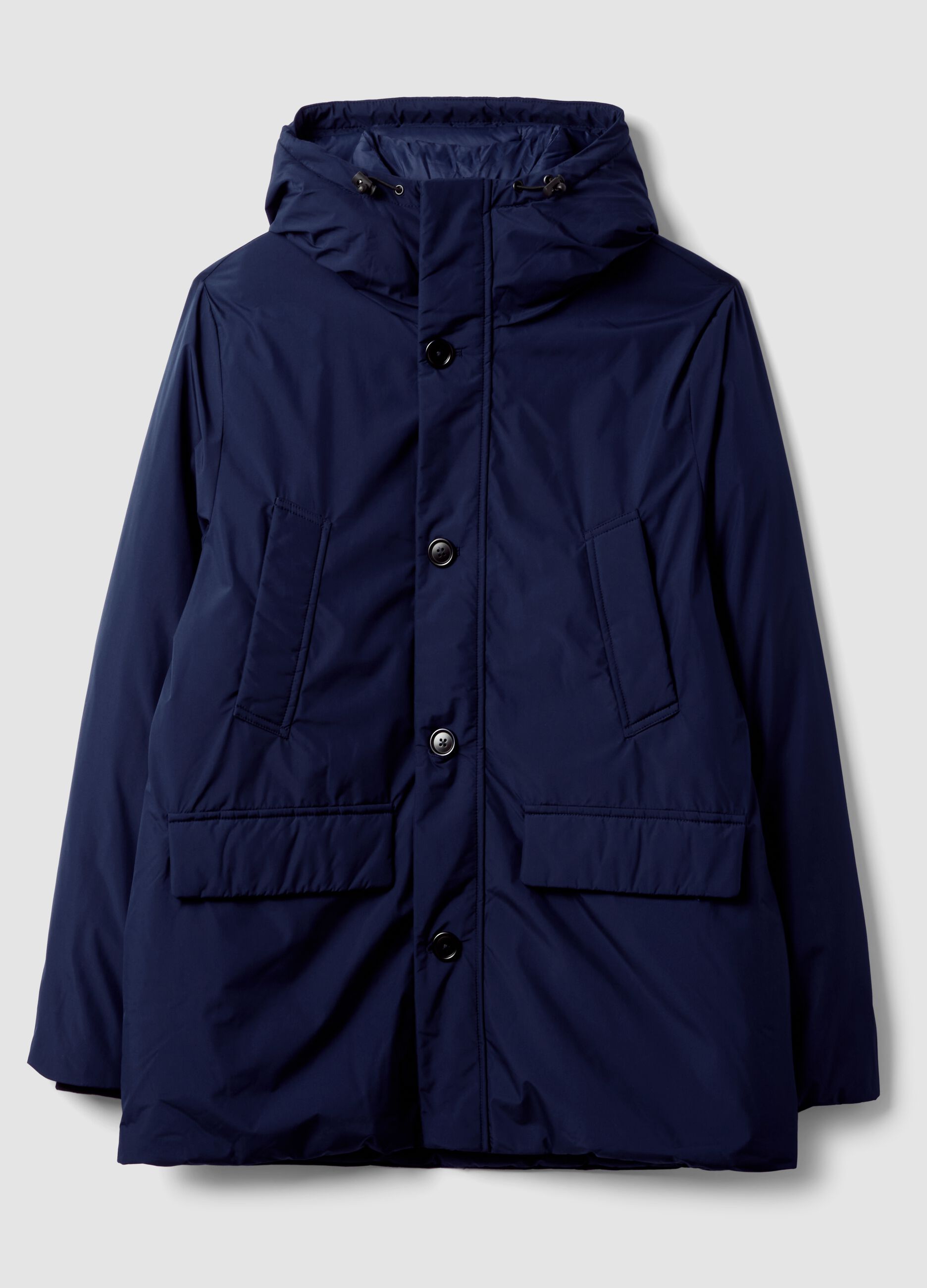 Parka imbottito lungo blu navy con cappuccio
