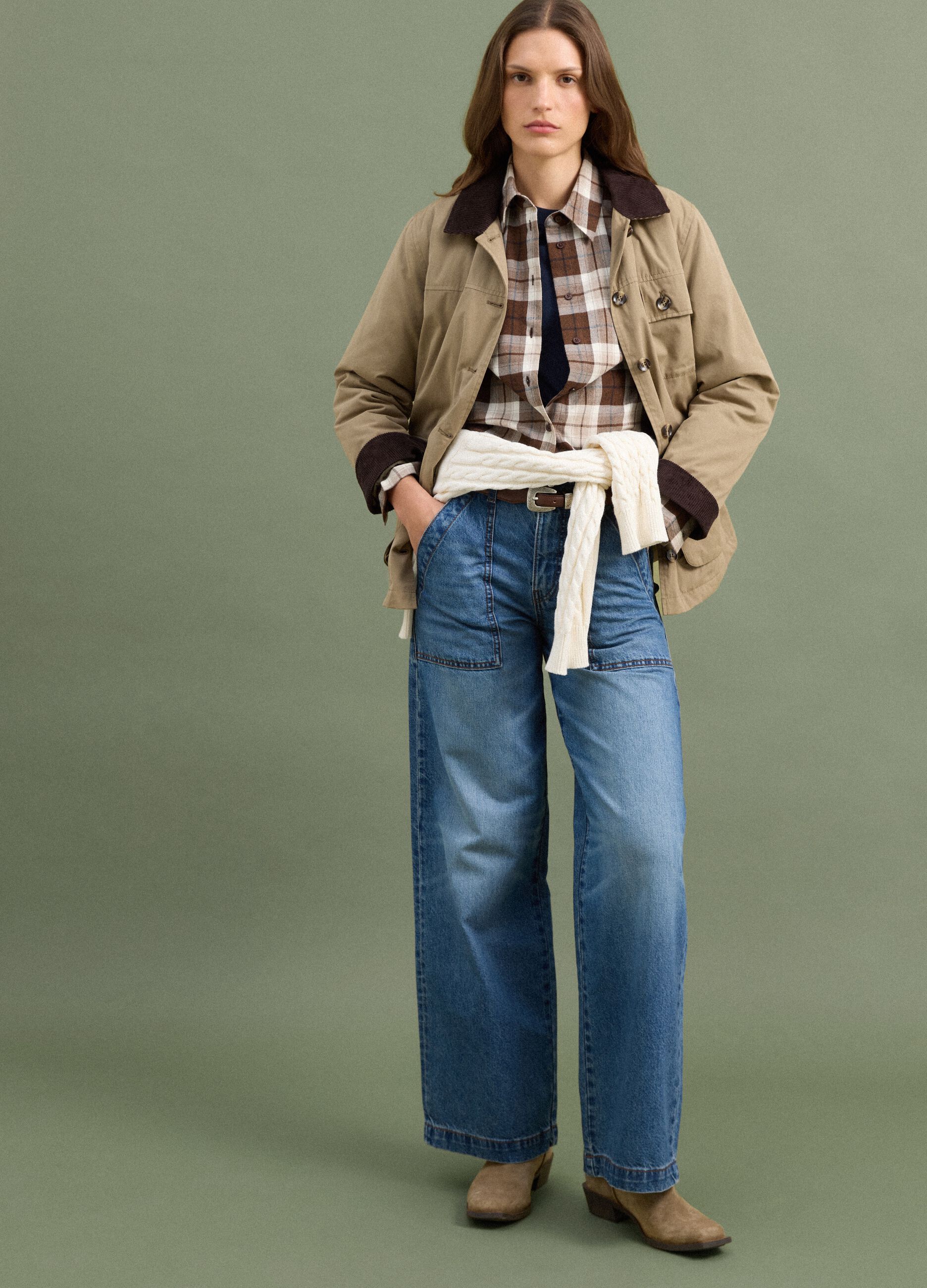 Beige regular-fit shacket with contrast collar