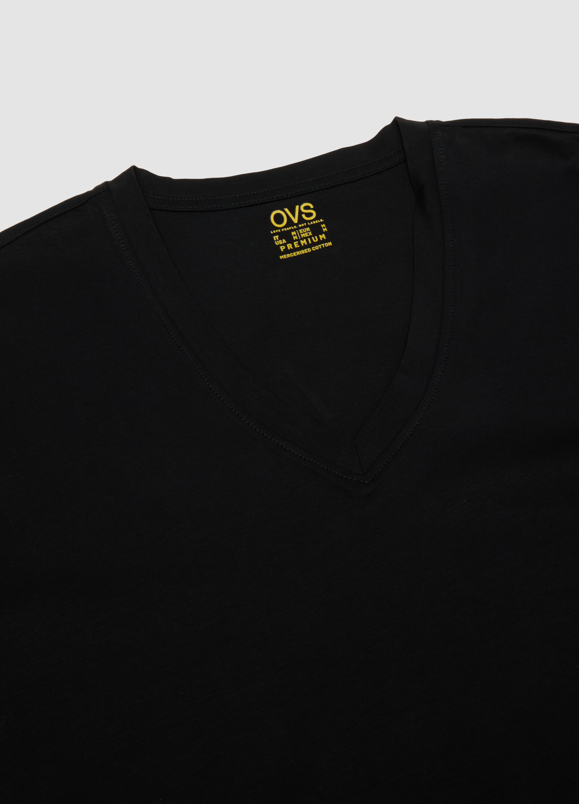 Black mercerised pure cotton T-shirt with deep V-neck
