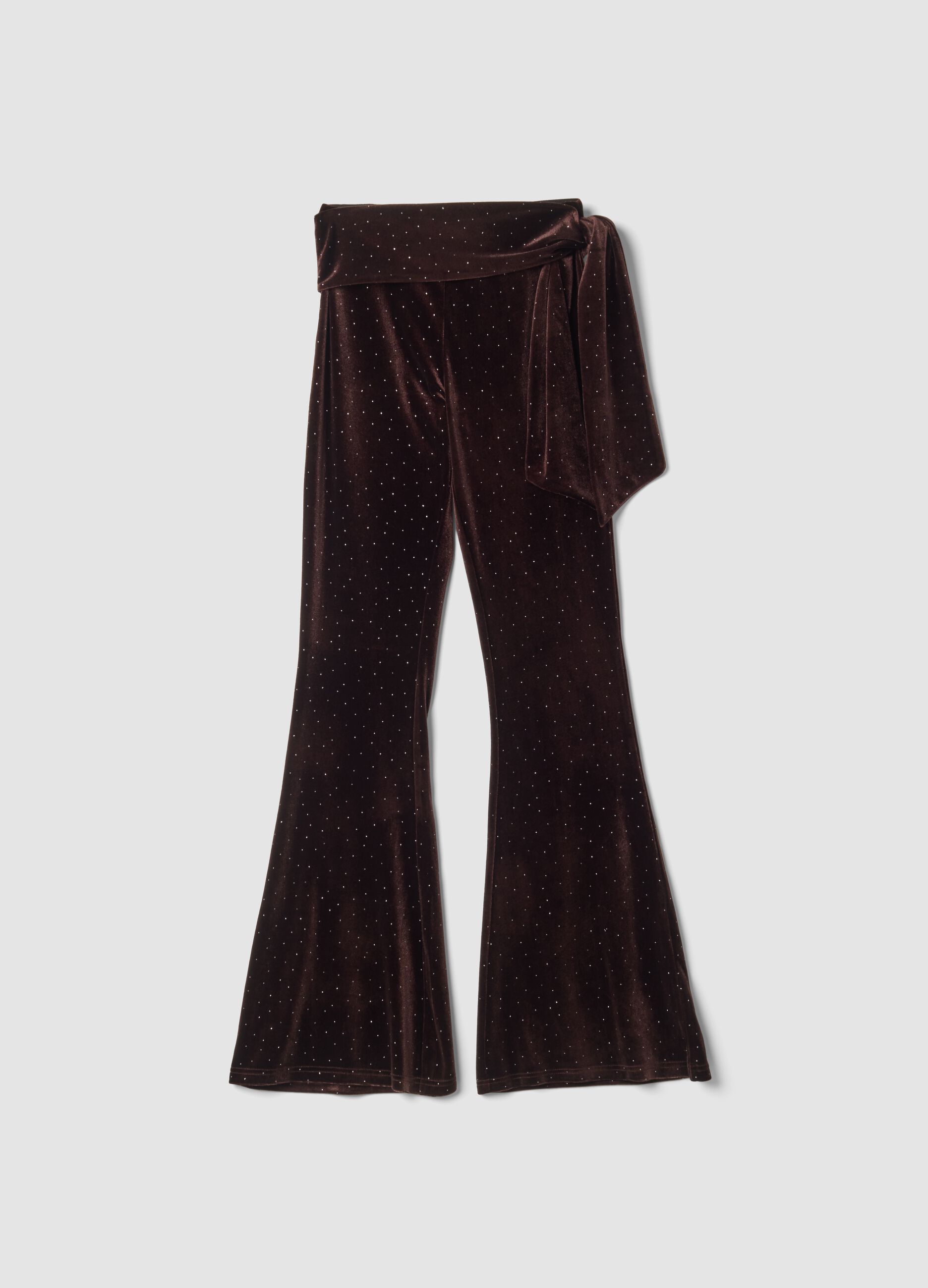 Brown stretch velour flared trousers with waist tie