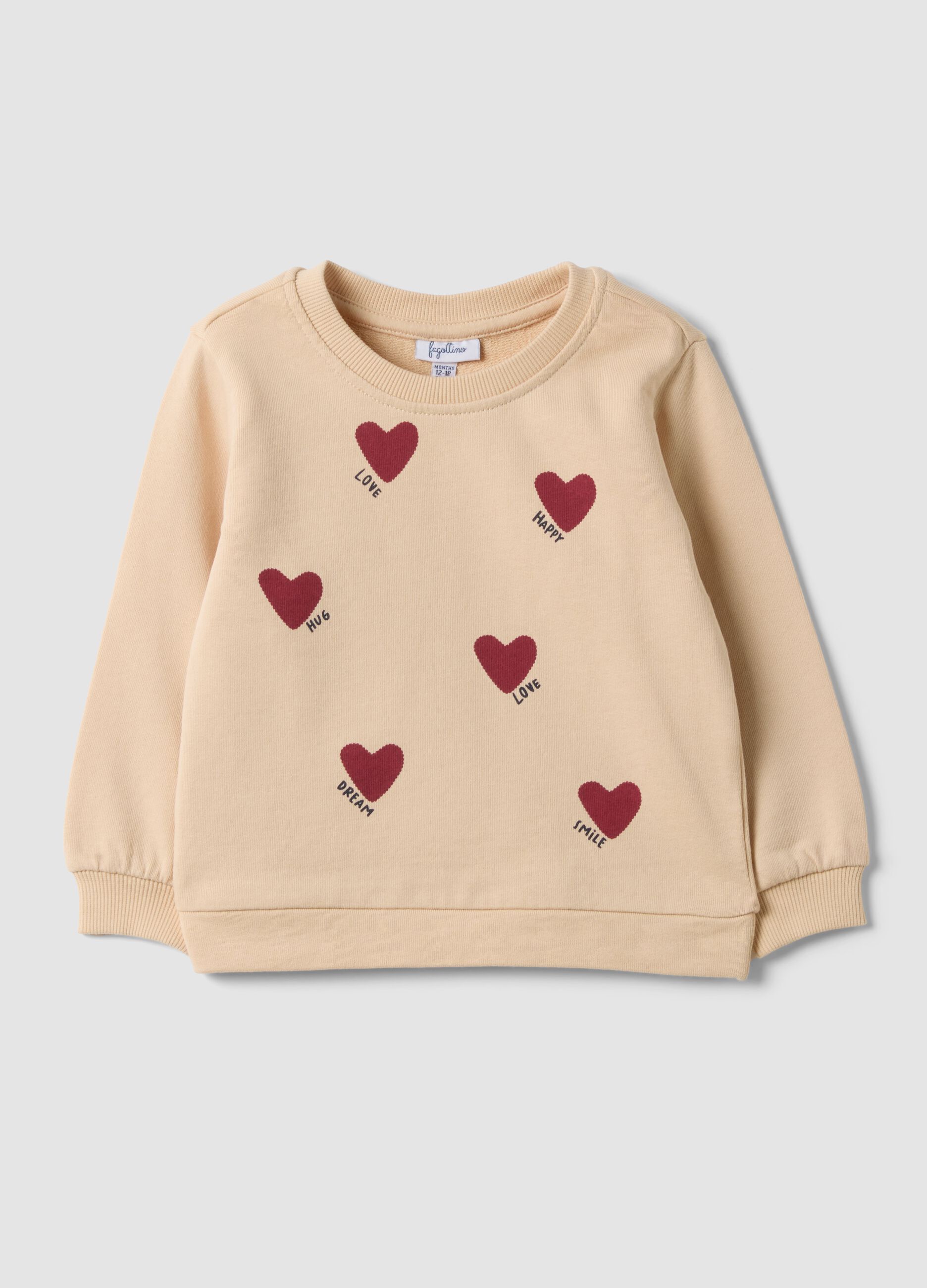 Beige pure cotton crew-neck sweatshirt with heart print for baby girl
