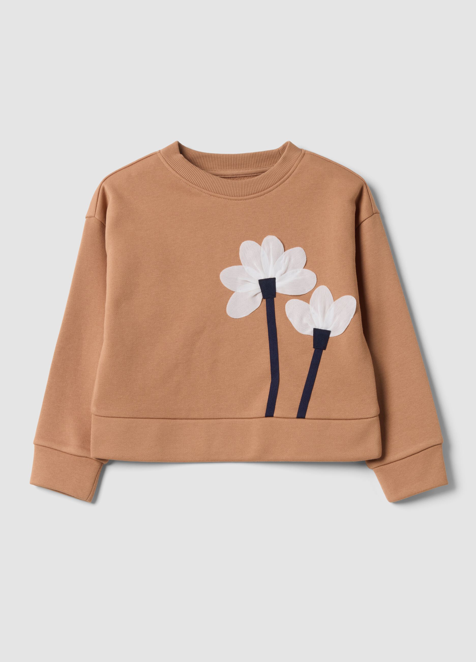 Brown cotton-blend crew-neck sweatshirt with floral print