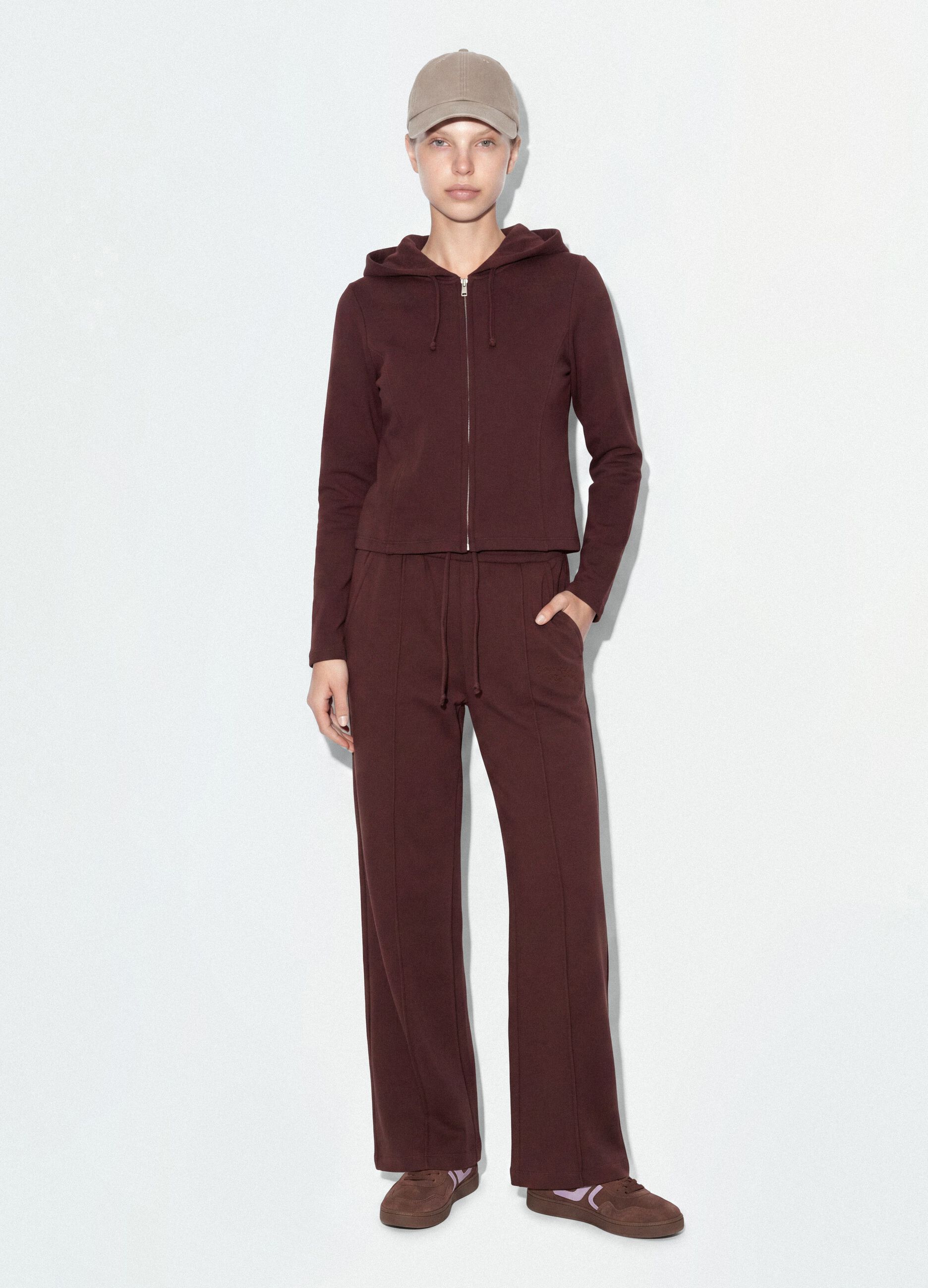 Brown full-zip pure cotton fitted hoodie