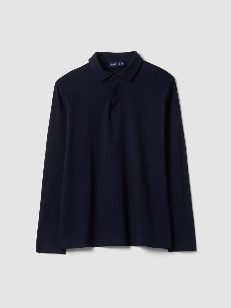 Blue long-sleeved pure cotton polo_0
