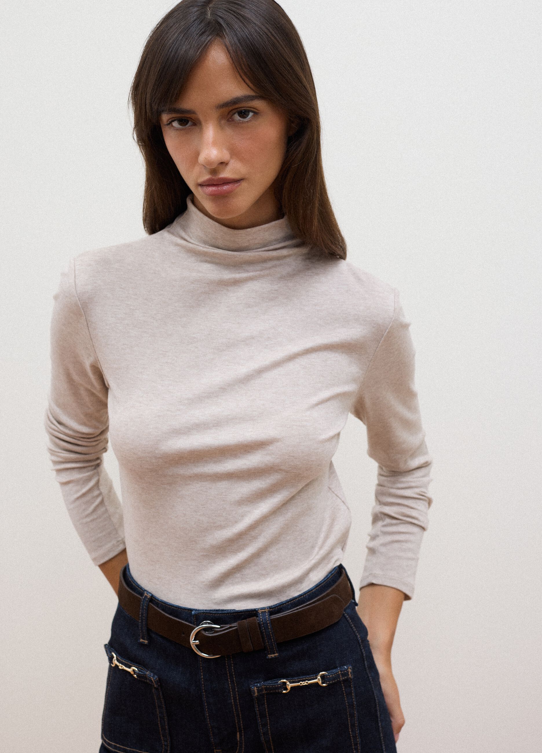 Beige lyocell and stretch wool mock-neck T-shirt, regular fit