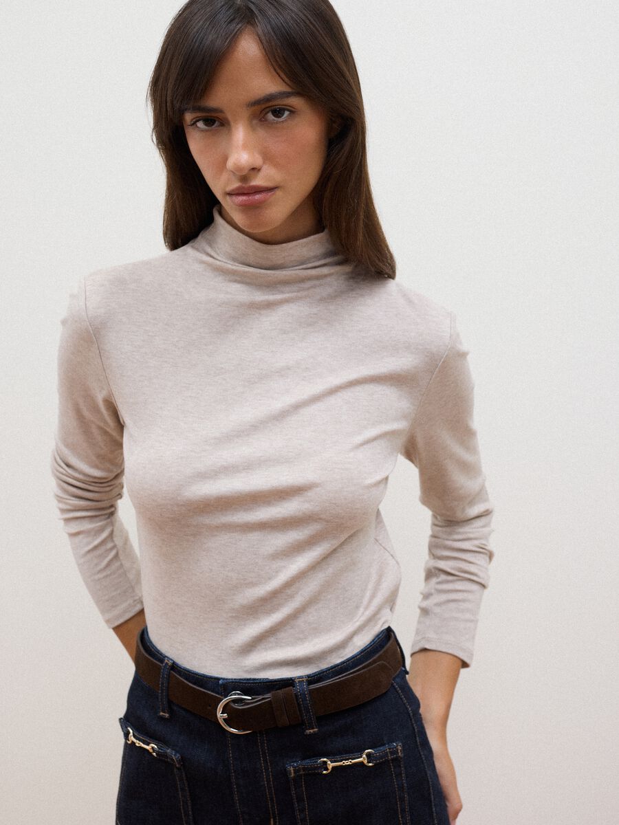 Beige lyocell and stretch wool mock-neck T-shirt, regular fit_3