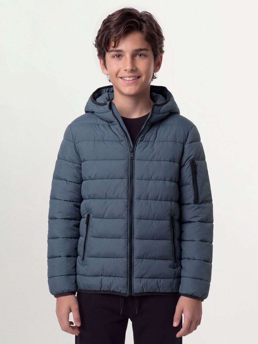Grey Ultralight padded hooded jacket with zip for boys_0