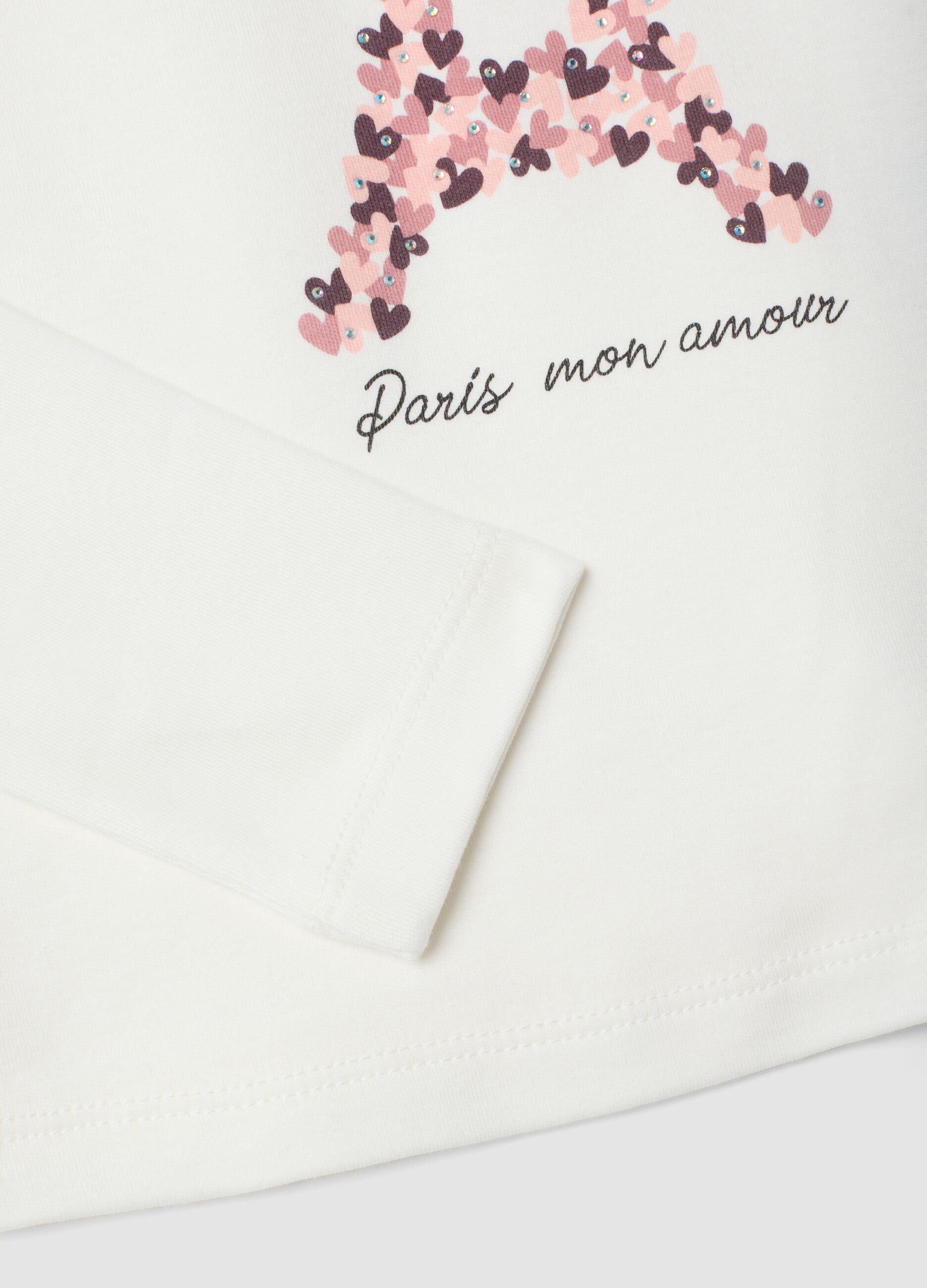T-shirt bianca con collo rialzato in puro cotone organico con stampa