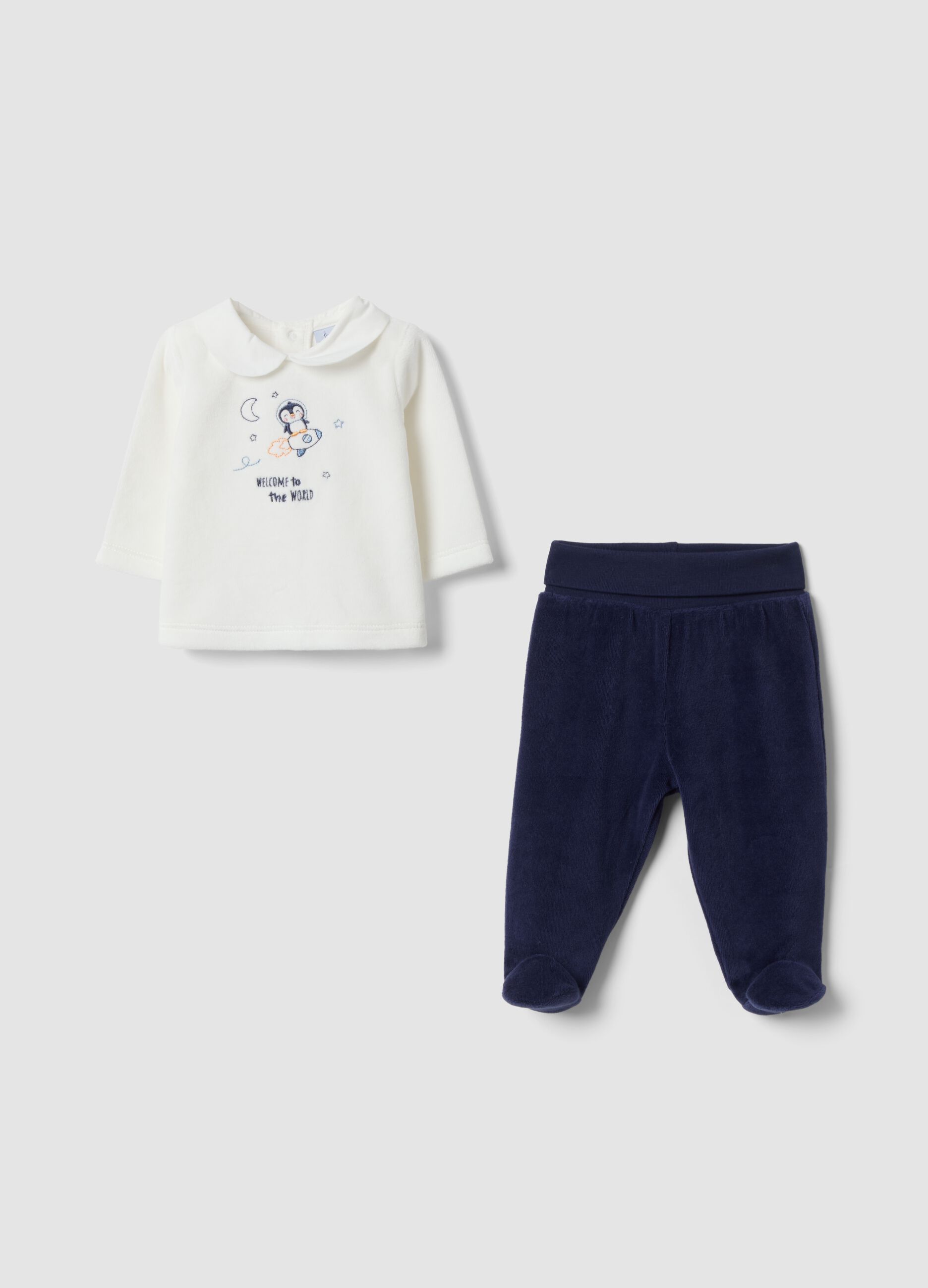 Completo blu e bianco in misto cotone organico