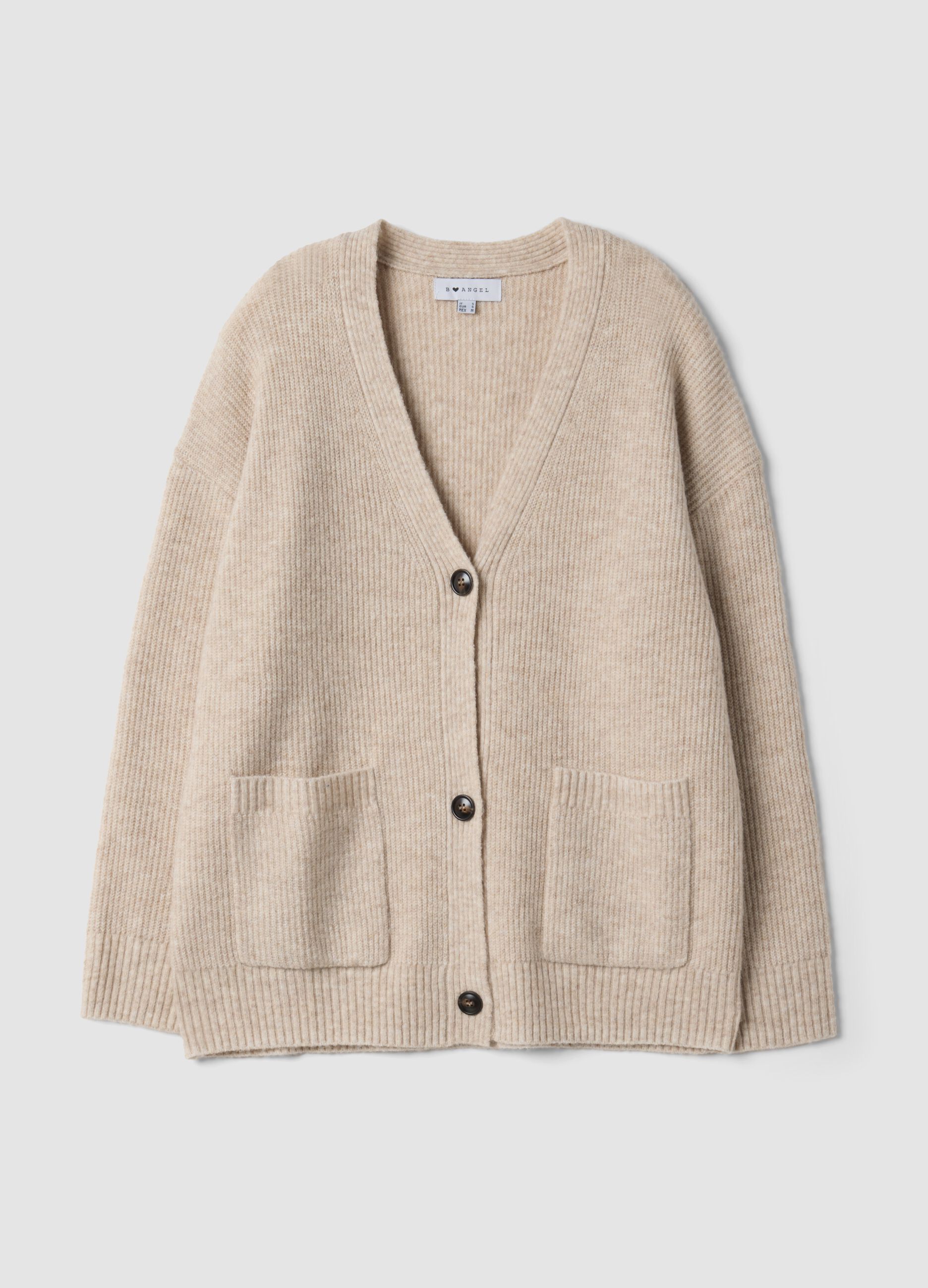 Beige stretch cardigan with deep V-neck