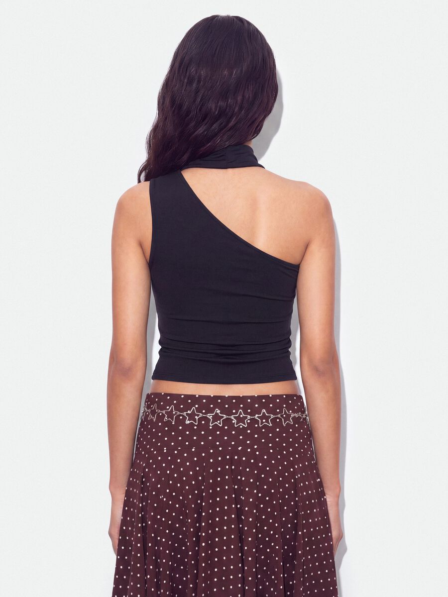 Black stretch top with asymmetric neckline and draped band_3