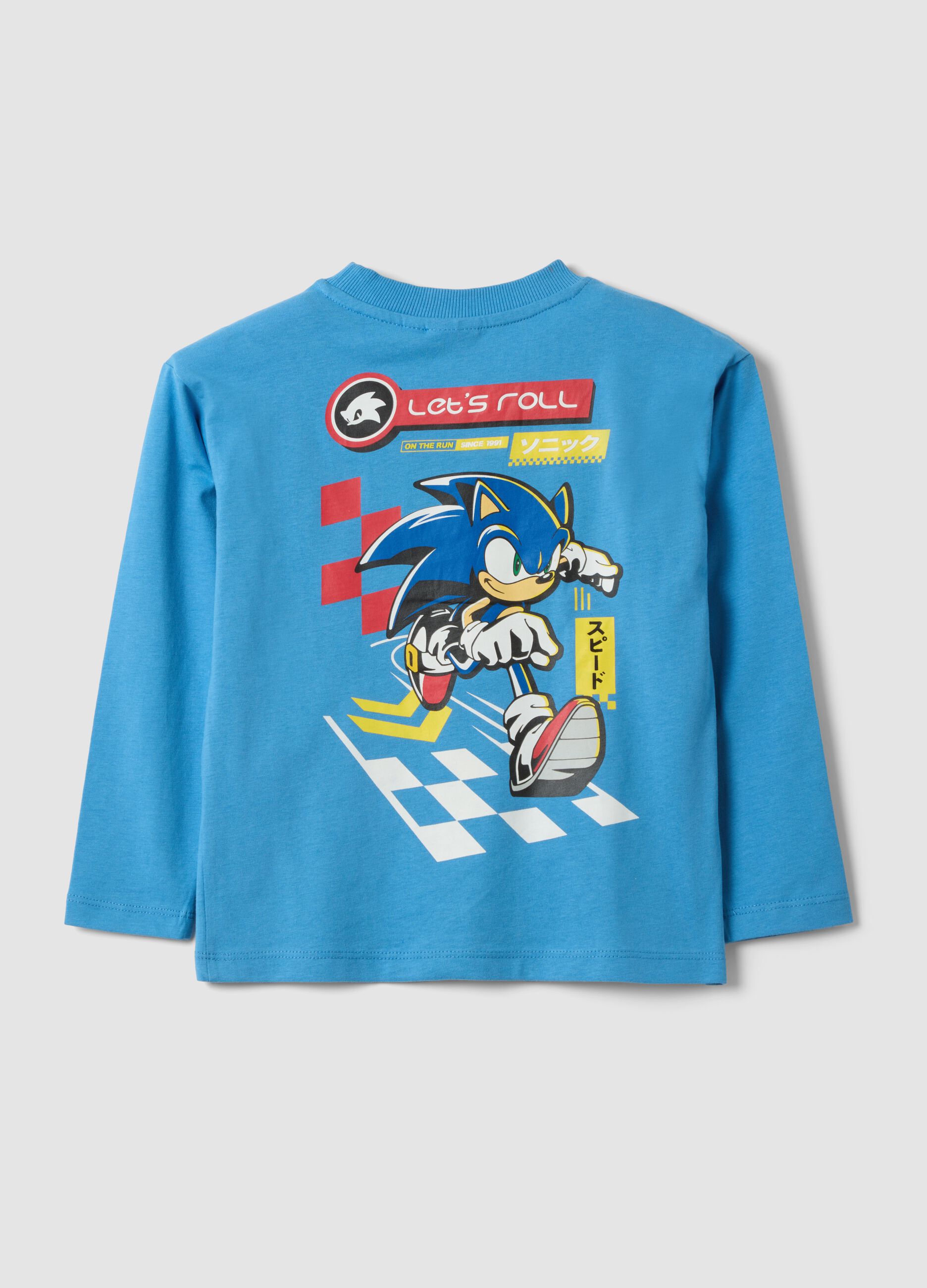 Blue pure cotton jersey T-shirt with crew neck and Sonic print