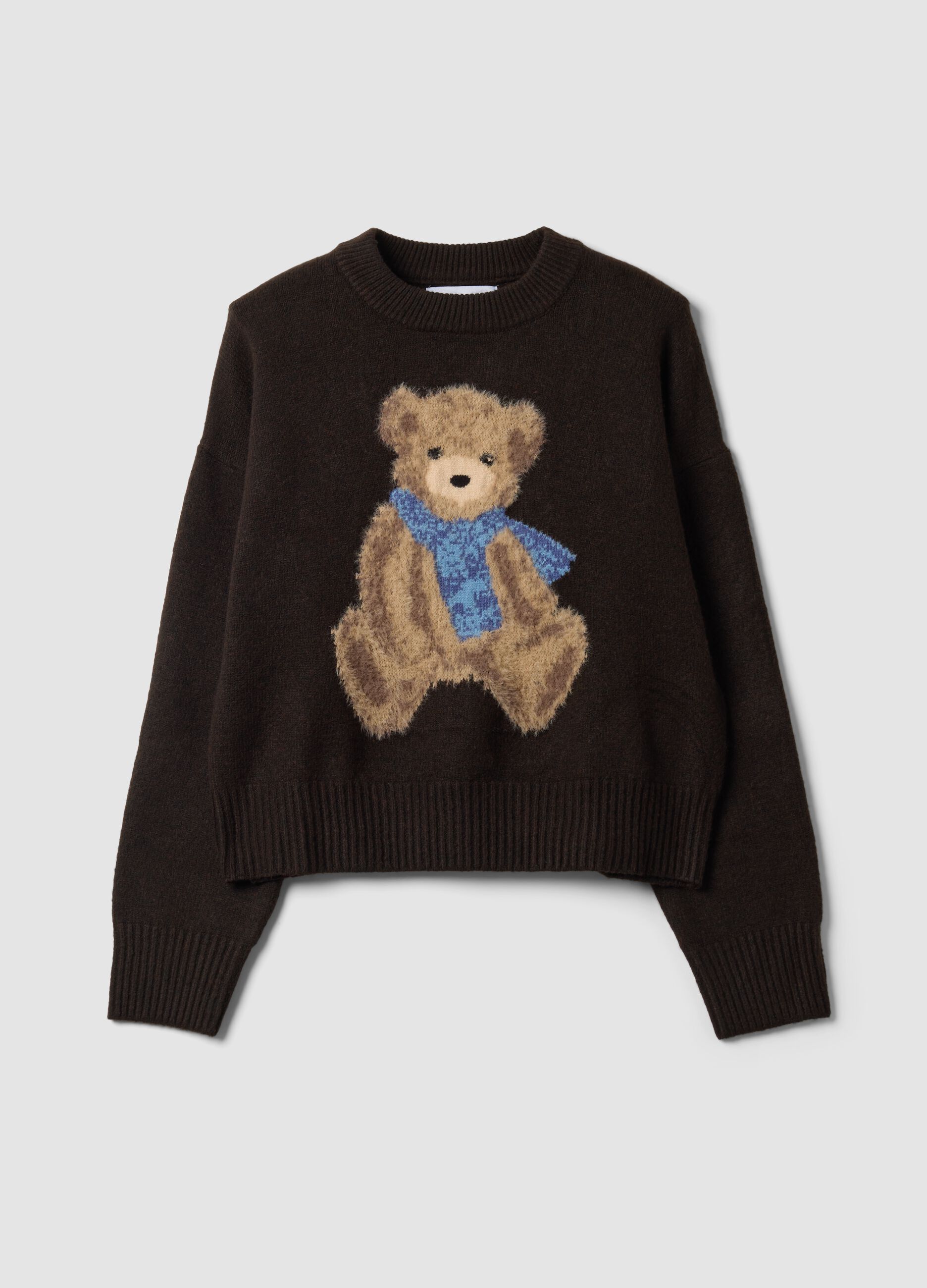Brown stretch-viscose jumper with teddy bear motif
