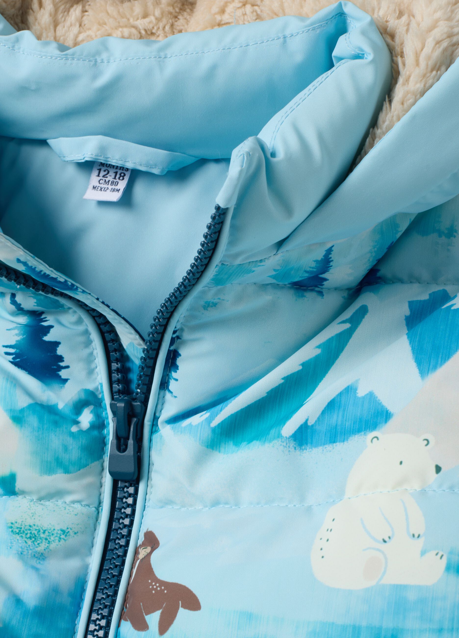 Blue padded hooded jacket with animal print, regular fit