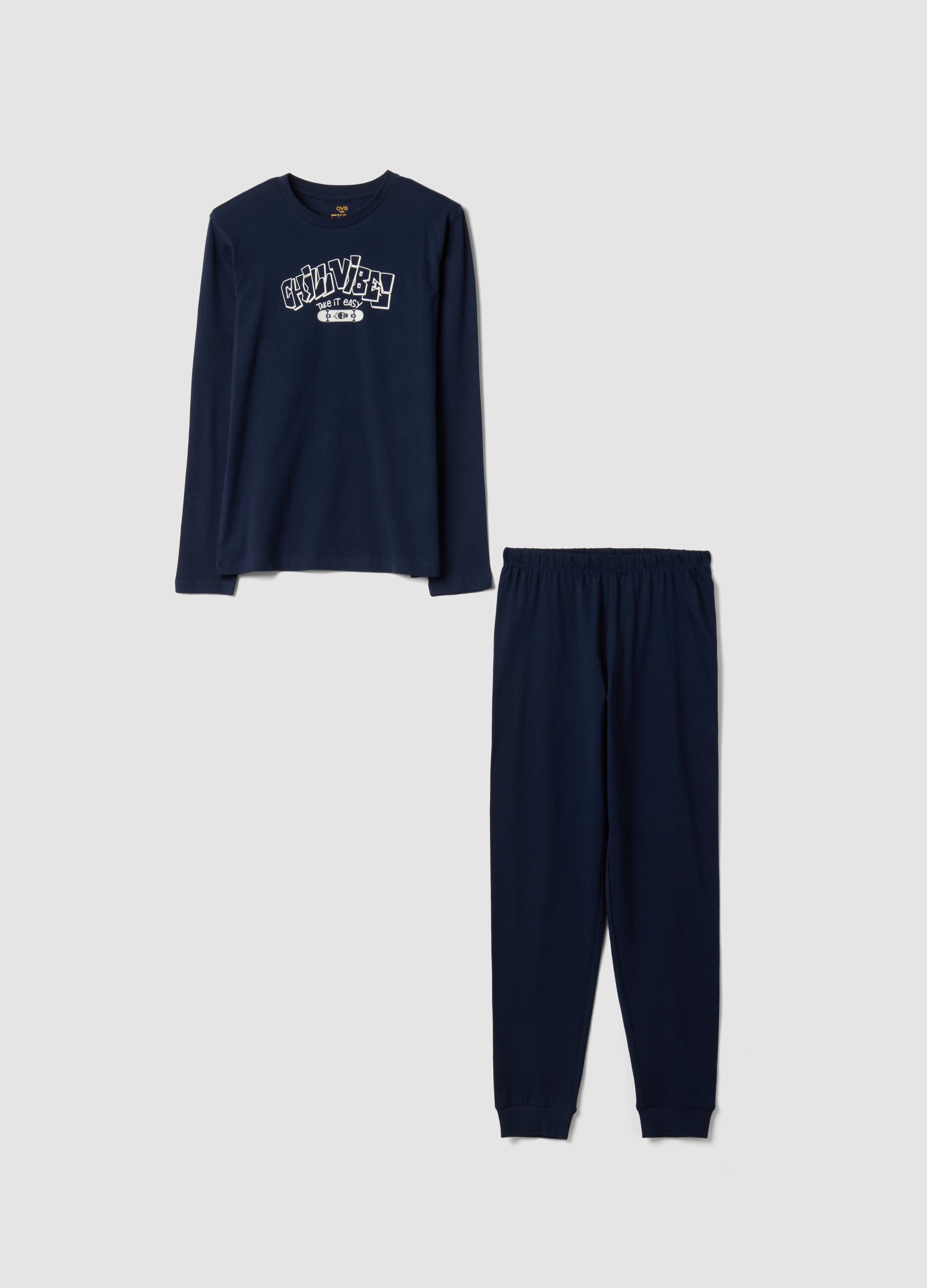 Blue pyjamas in 100% organic cotton with crew neck and print for boys